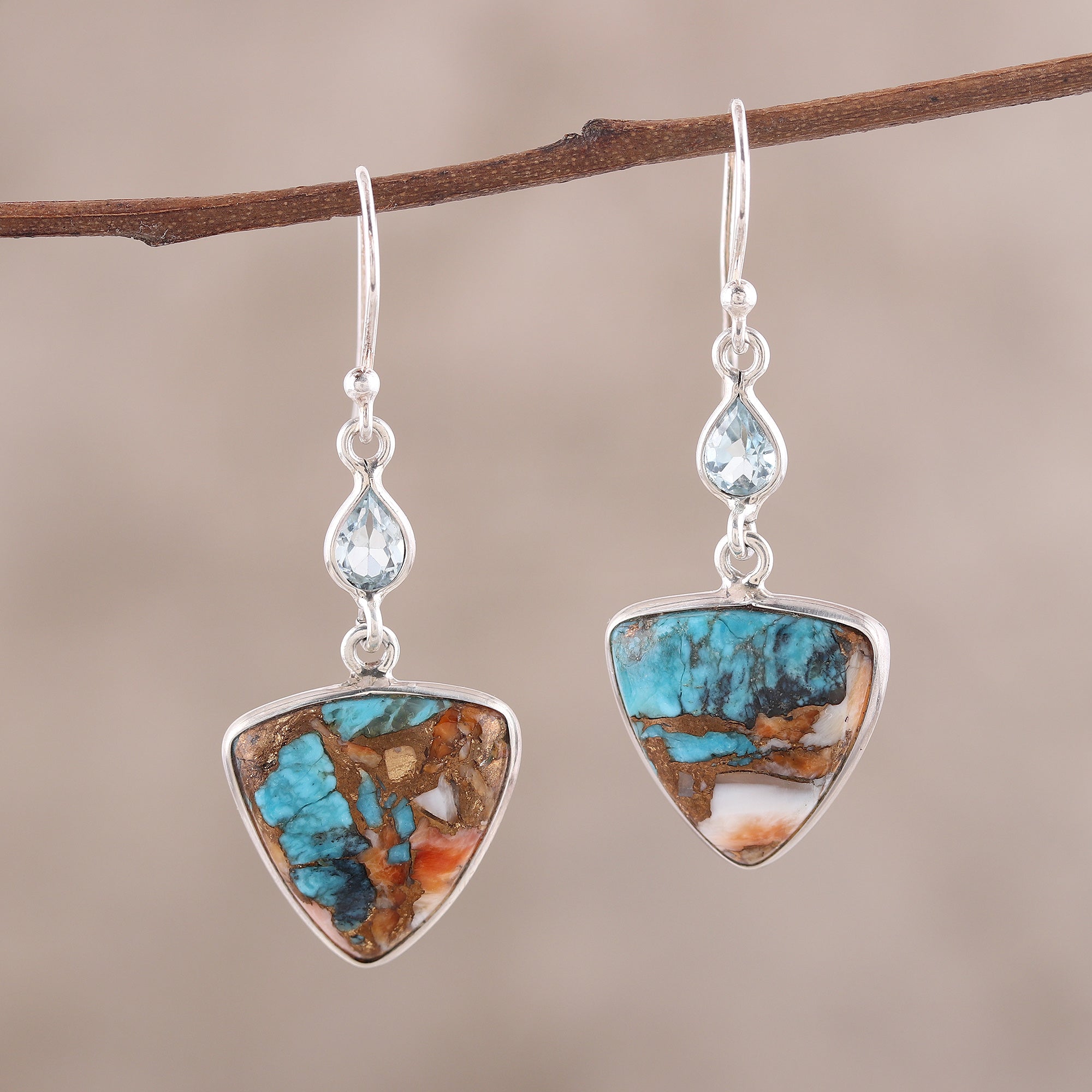 Premium Royal Colors Dangle Earrings with Blue Topaz & Turquoise