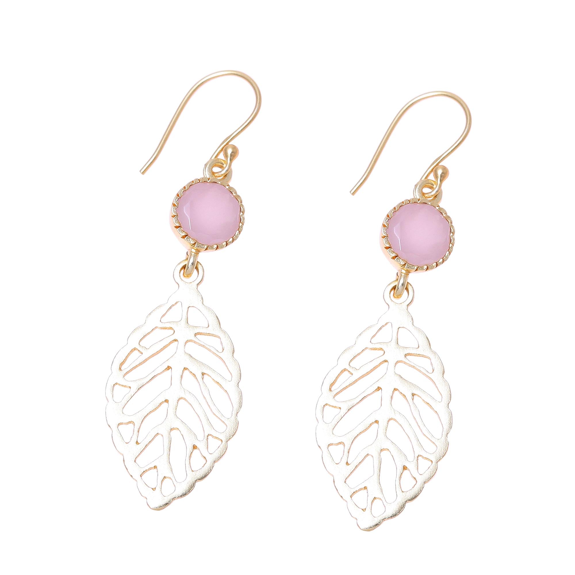 Premium Jaipur Gold Plated Rose Quartz Leaf Dangle Earrings