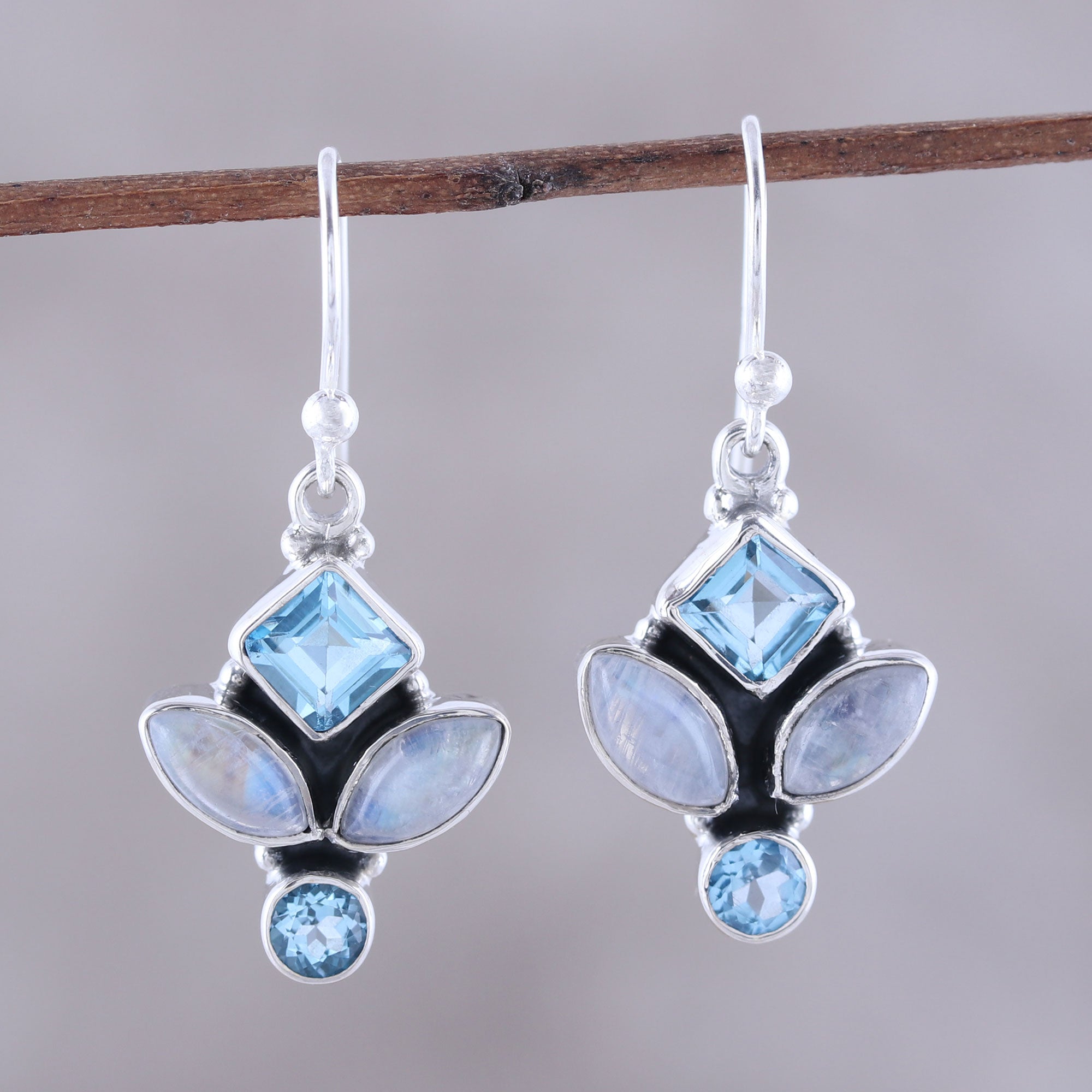 Premium Glitzy Blue Topaz & Rainbow Moonstone Dangle Earrings - Handcrafted in India