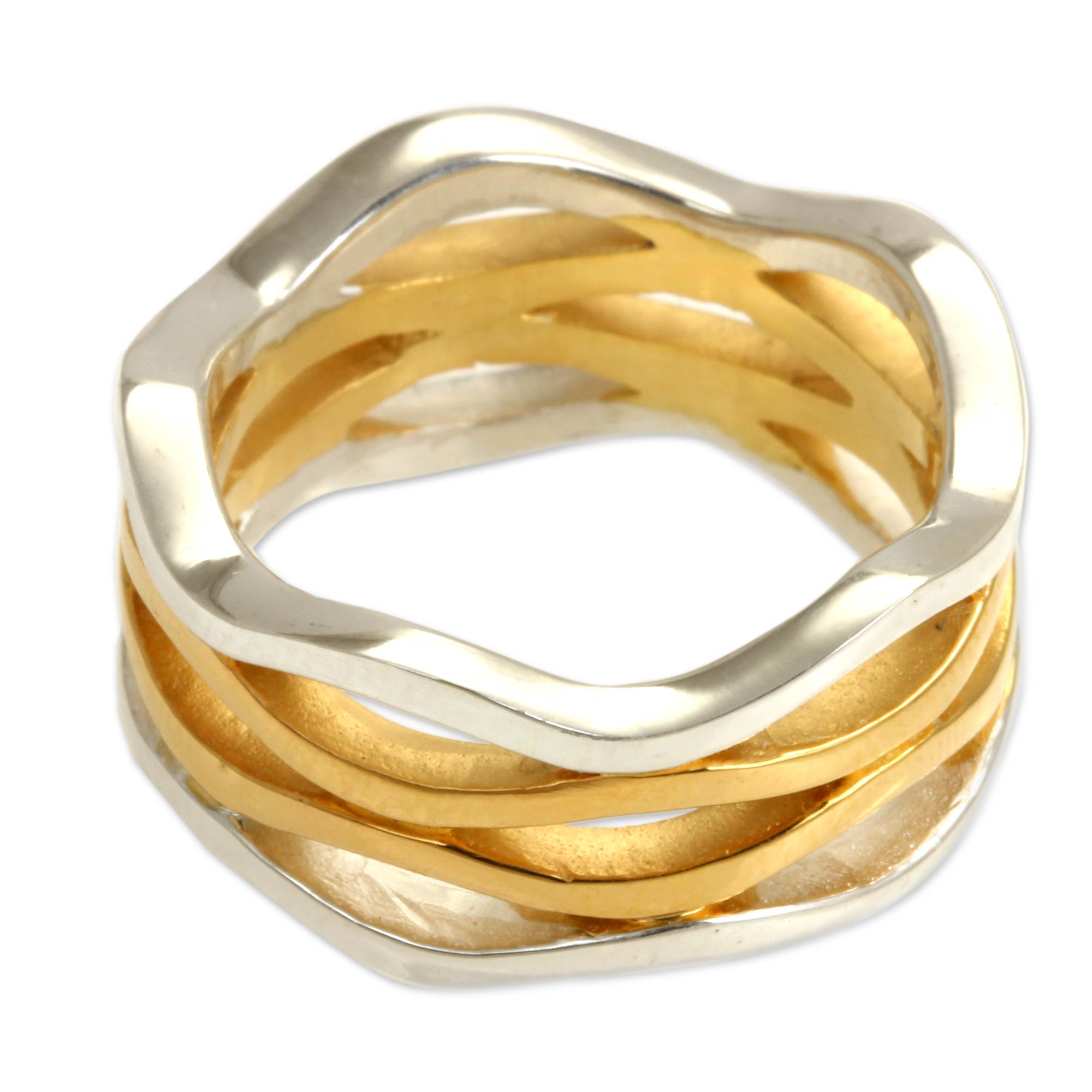 Premium Ocean Waves Sterling Silver & Gold Band Ring - Handcrafted Elegance