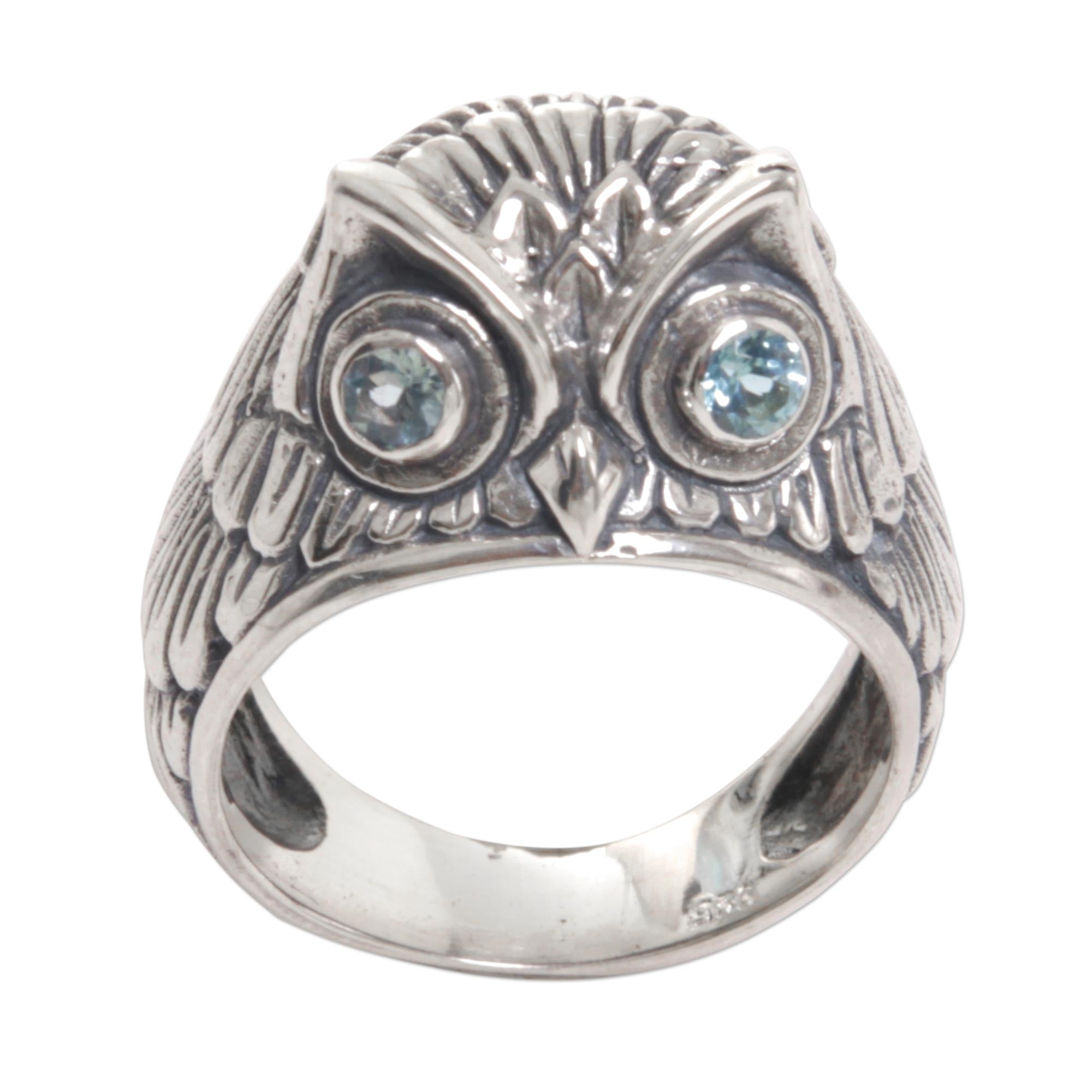 NOVICA Premium Blue Topaz Sterling Silver Owl Ring 'Night Watcher in Blue'