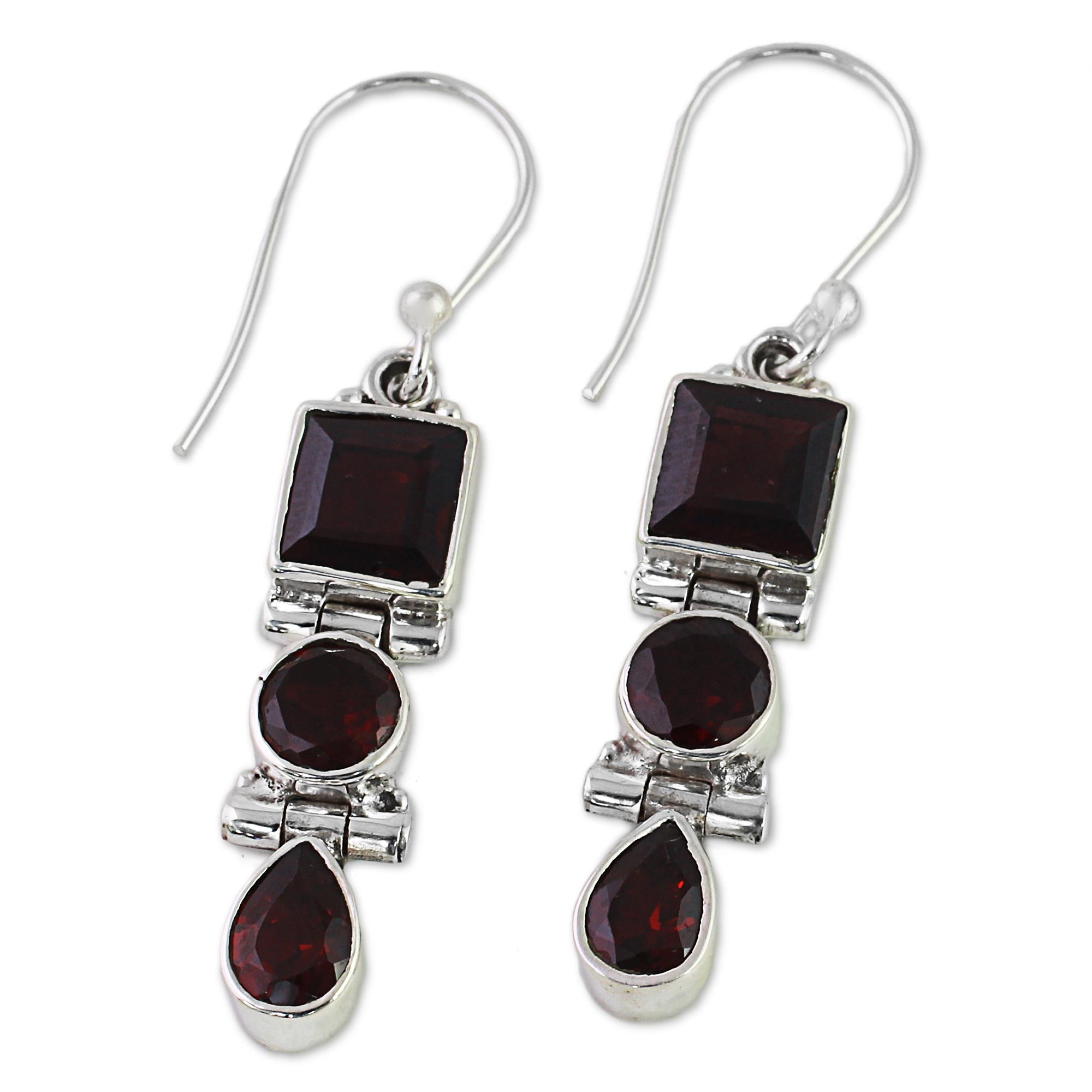 Premium Radiant Glamour Geometric Garnet Dangle Earrings in Sterling Silver