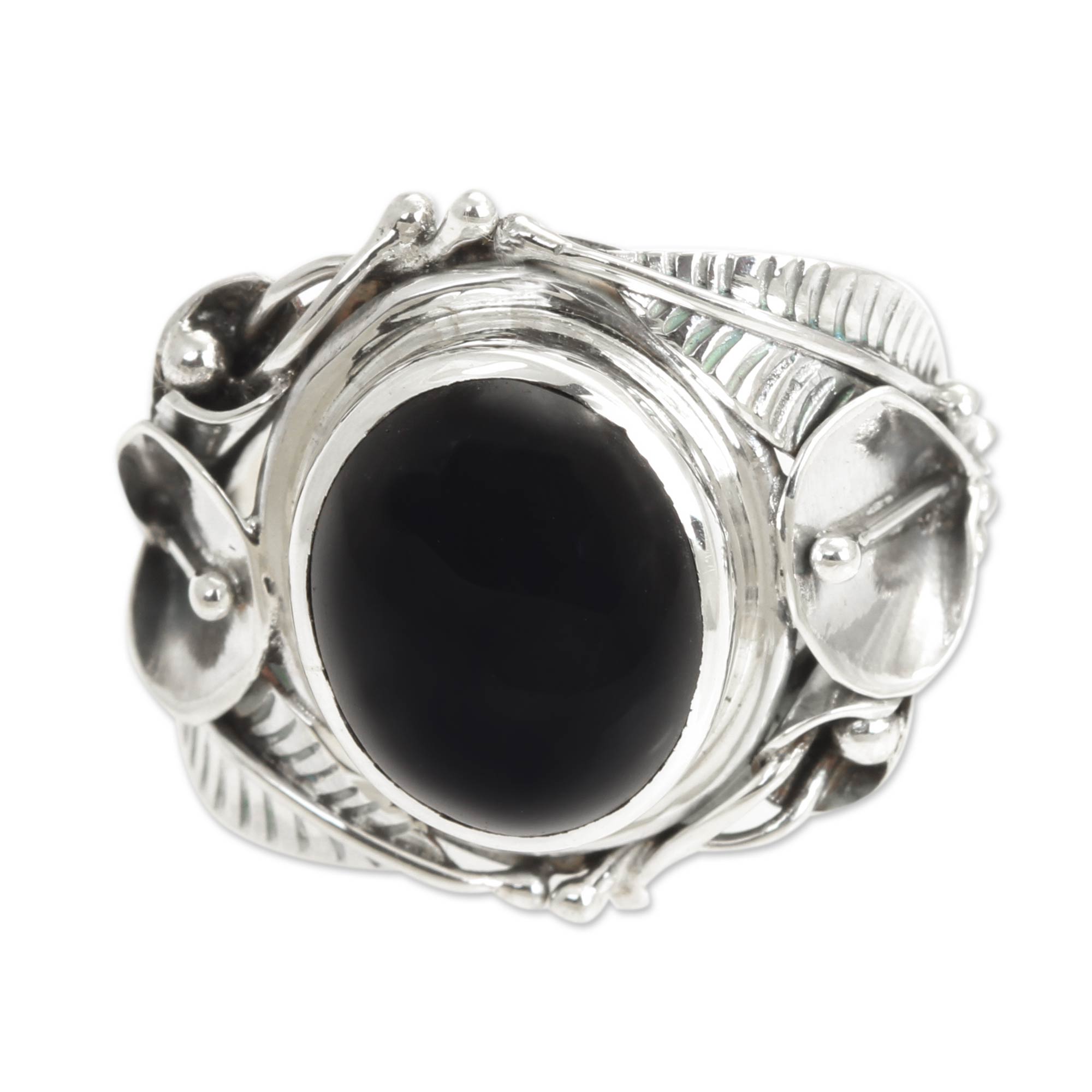 Premium Nest of Lilies Onyx & Silver Cocktail Ring - Handcrafted Elegance