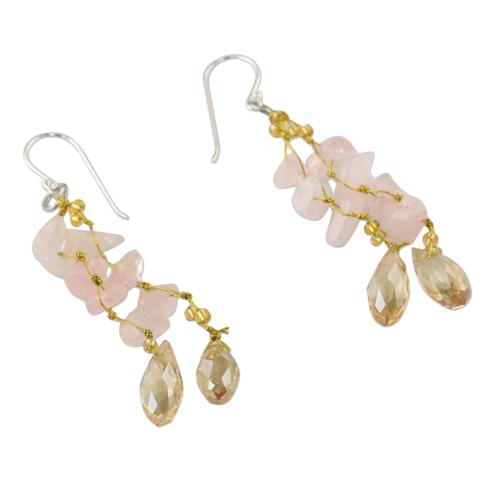 Premium Rose Quartz Dangle Earrings with Glass Beads – Handcrafted in Thailand