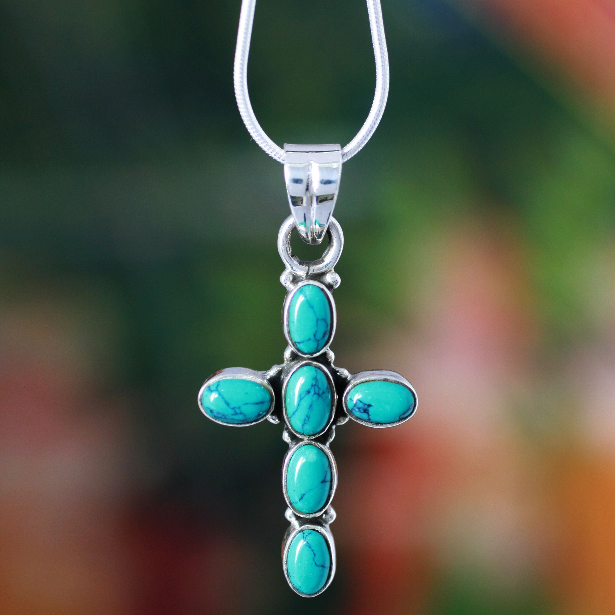 Premium Sky Blue Turquoise Cross Pendant Necklace - Sterling Silver Elegance