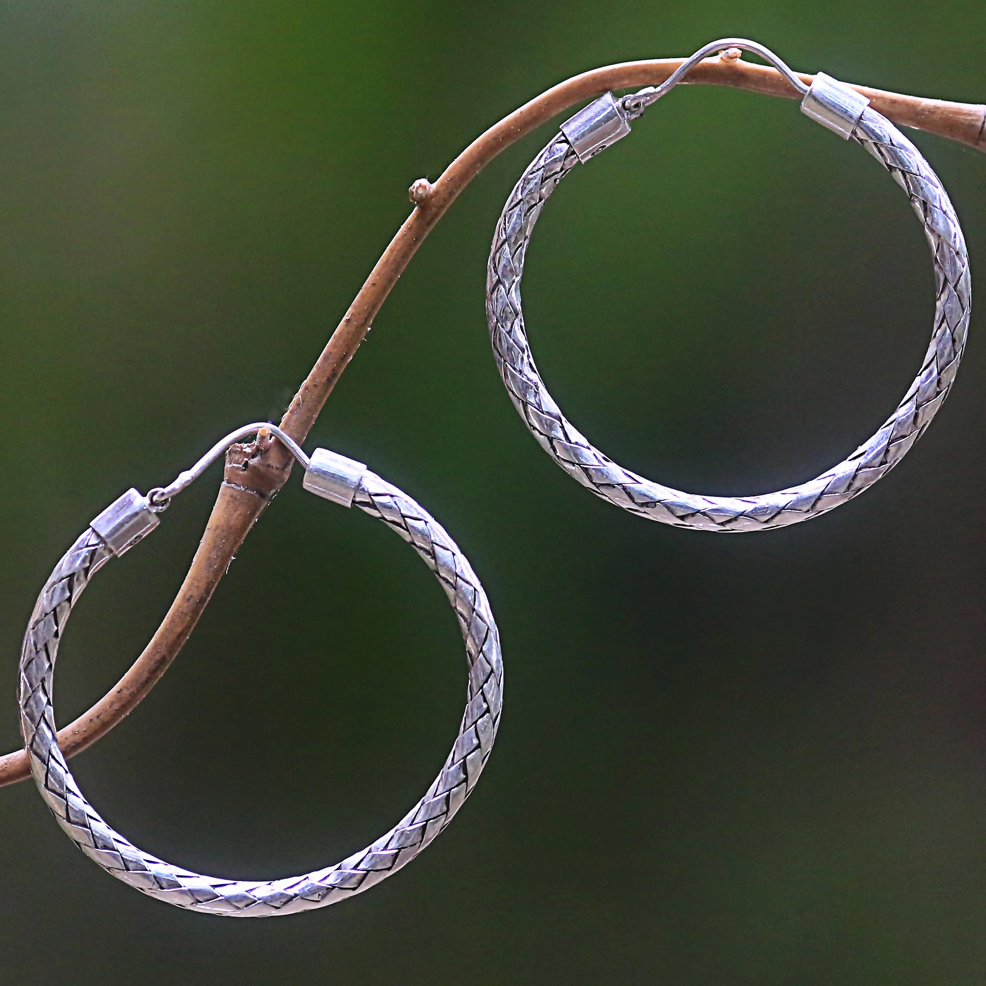 Premium Pandan Weave Hoop Earrings - Handcrafted Sterling Silver Elegance