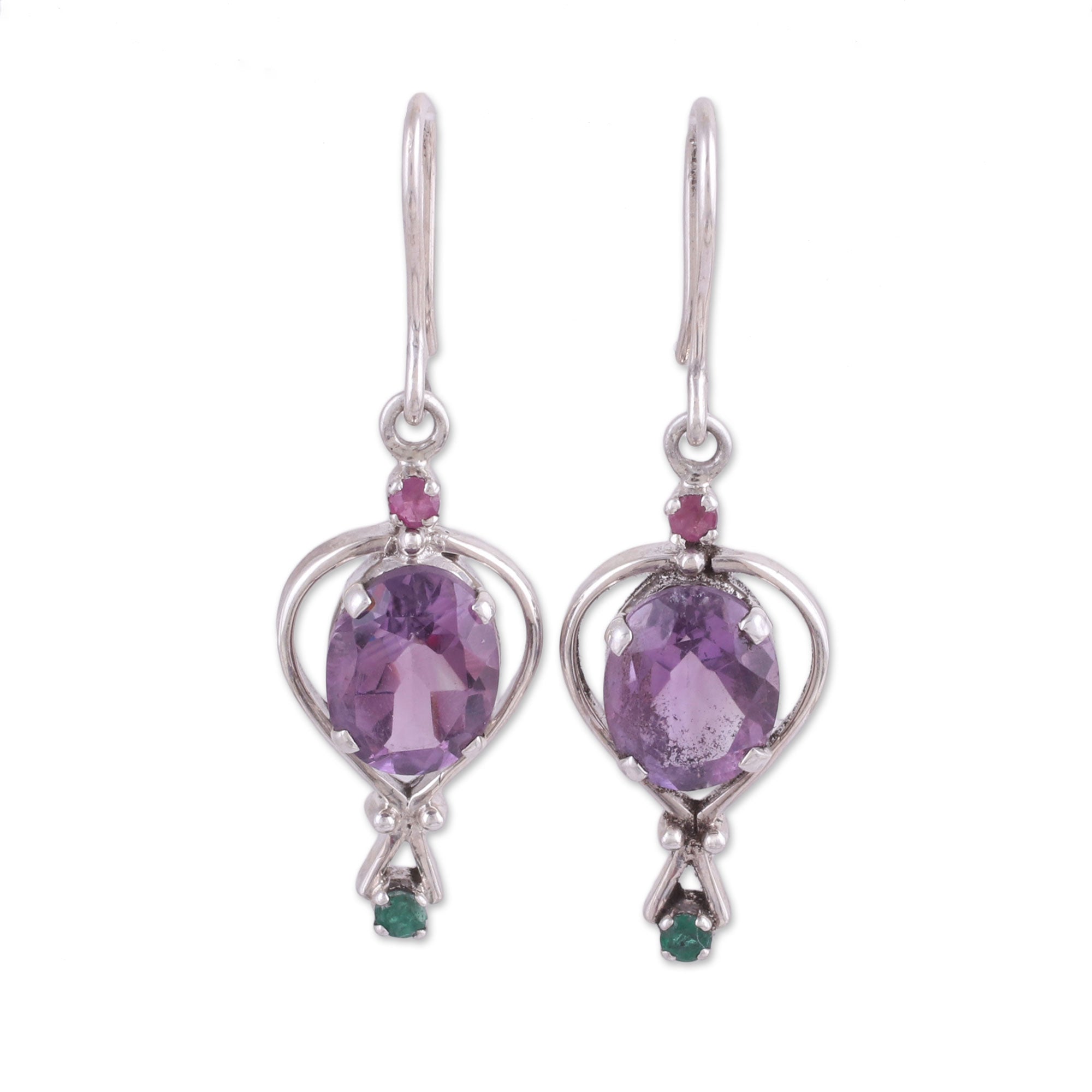 Premium Sparkling Allure Dangle Earrings - Amethyst, Emerald & Ruby | Handcrafted in India