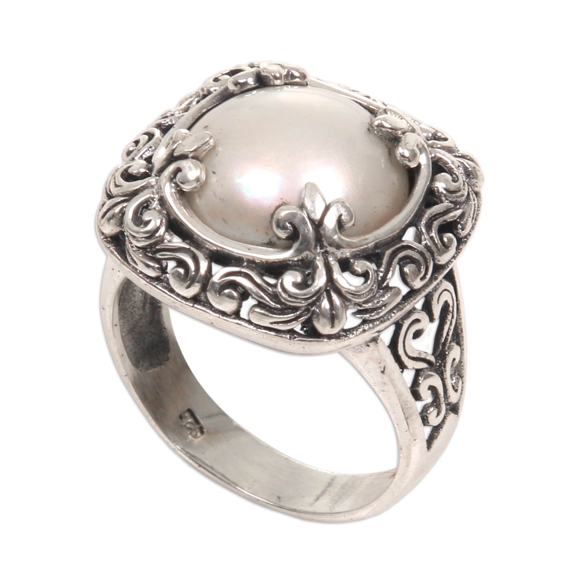 Premium White Lunar Square Crown Cocktail Ring with Mabe Pearl