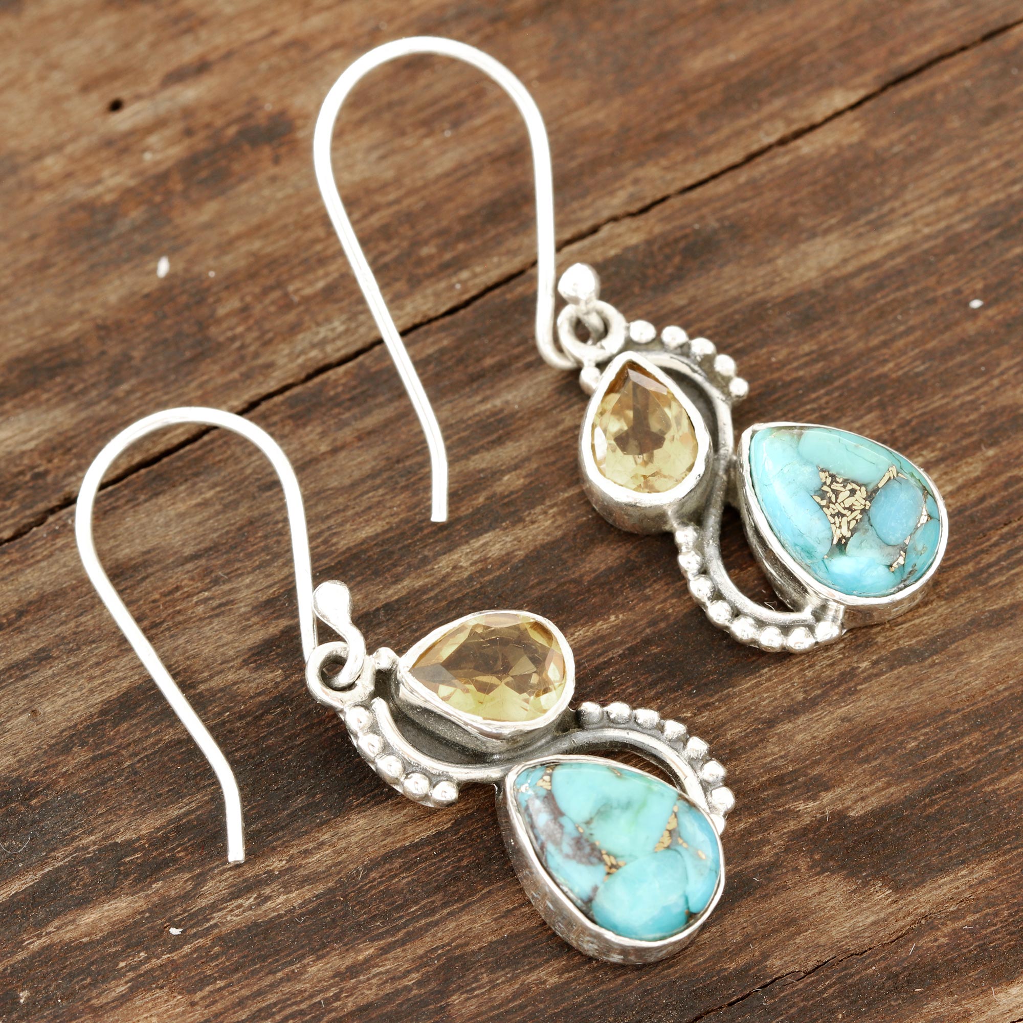 Premium Citrine & Turquoise Teardrop Dangle Earrings - Handcrafted Sterling Silver