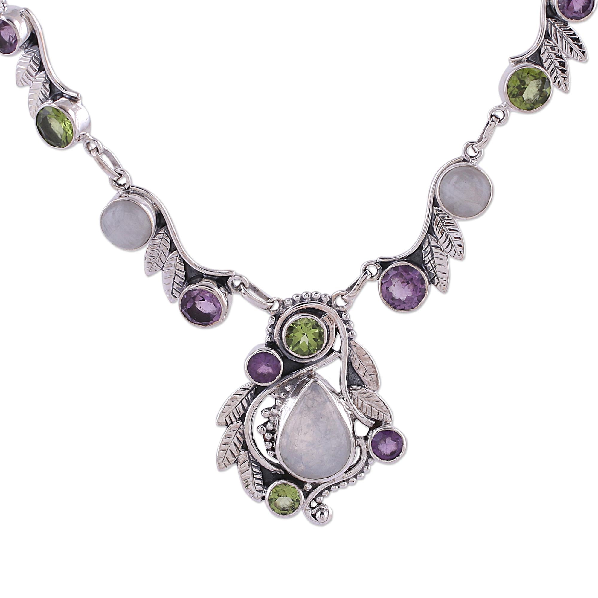 Premium Luminous Beauty Sterling Silver Multigem Pendant Necklace - Handcrafted in India