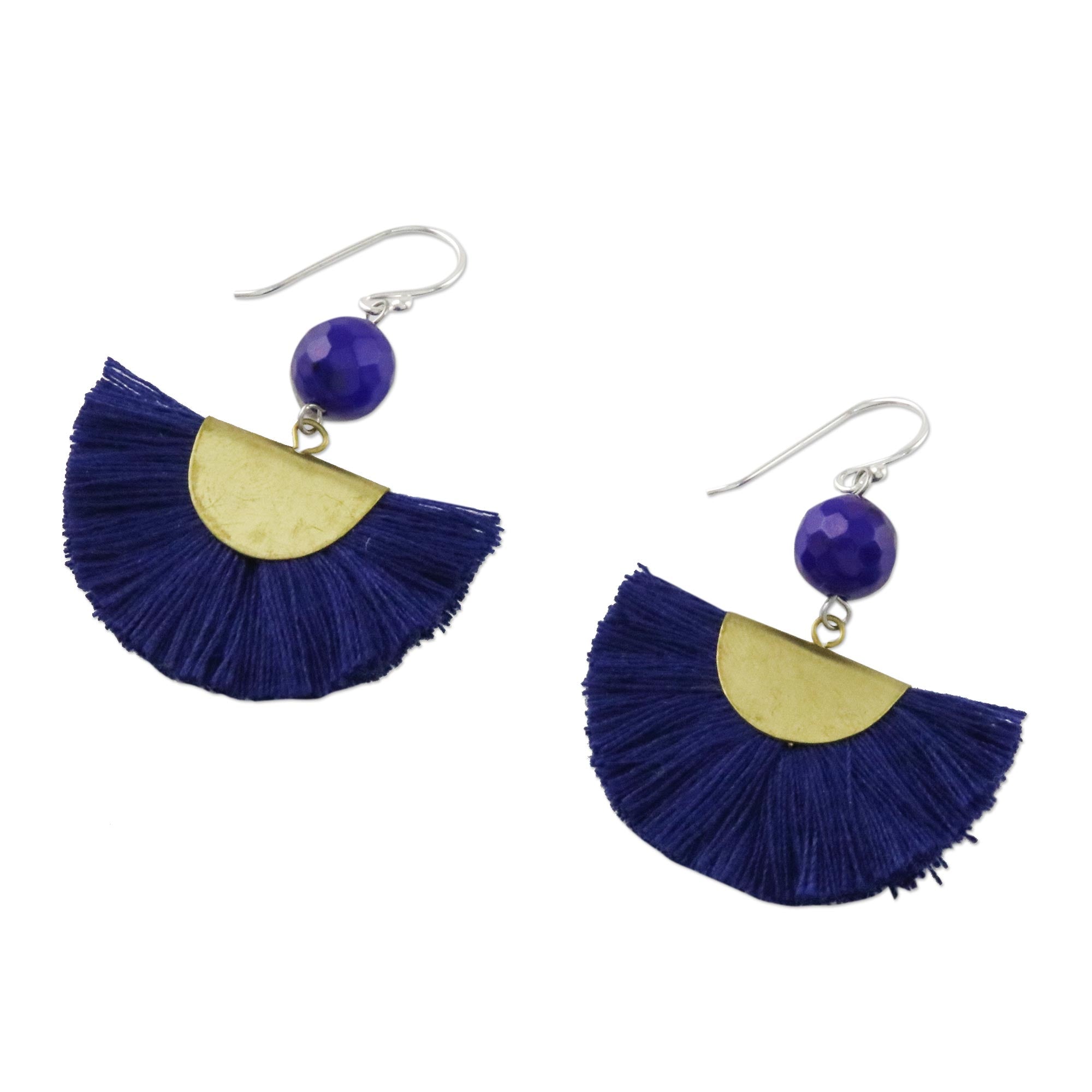 Premium Ultramarine Quartz & Brass Dangle Earrings with Cotton Fringe