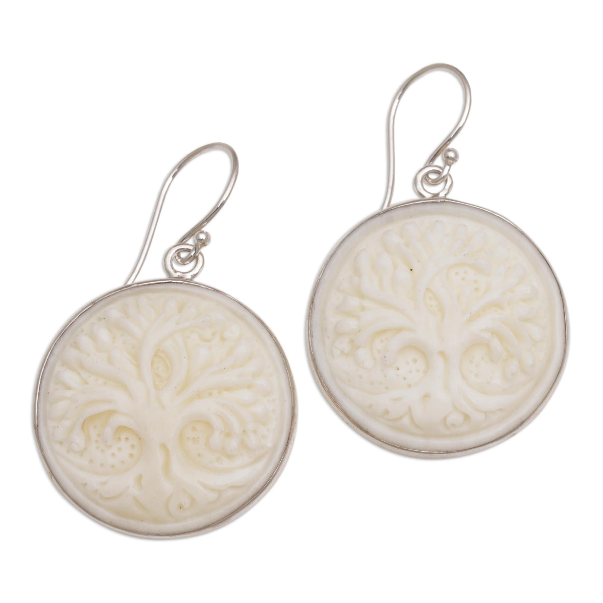 Premium Halo Trees Handcrafted Bone Dangle Earrings - Elegant Silver Design