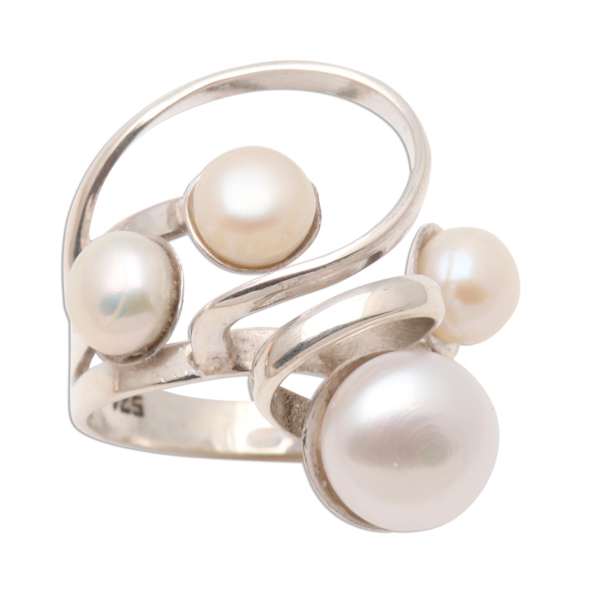 Premium Wave Crest Pearl Cocktail Ring – Elegant Sterling Silver Design