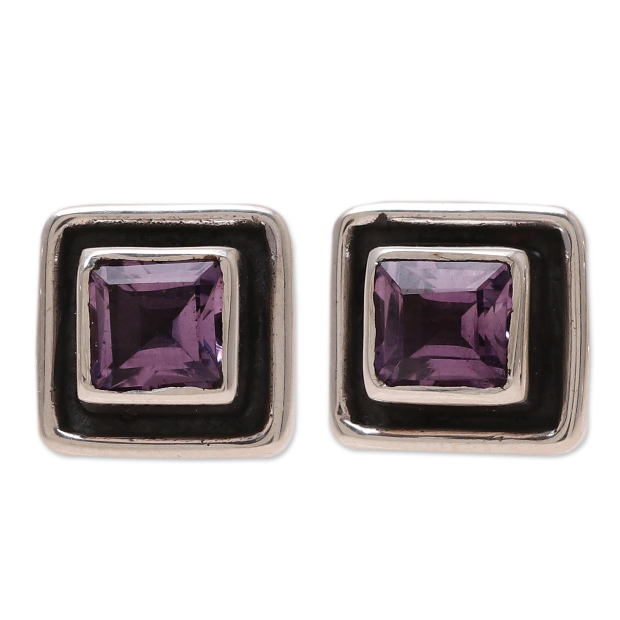 Premium Sterling Silver Amethyst Stud Earrings - Regal Square Design