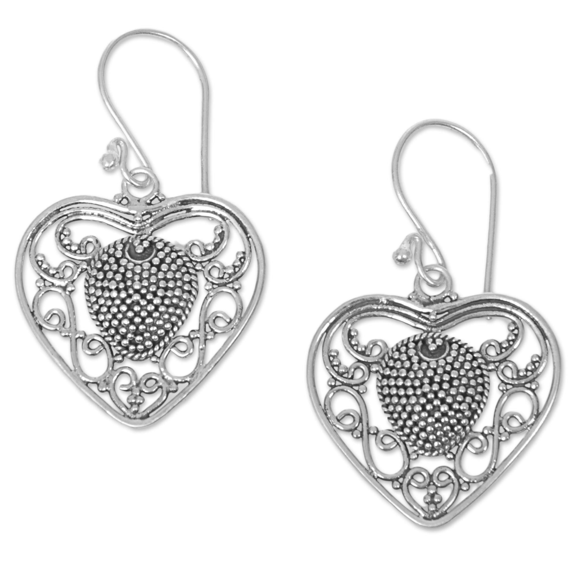 Premium Sterling Silver Heart Dangle Earrings - Handcrafted in Indonesia