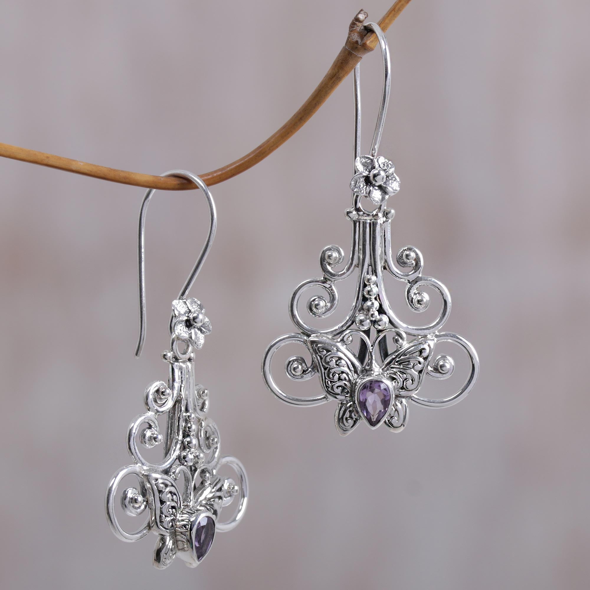 Premium Amethyst Butterfly Dangle Earrings – Handcrafted Sterling Silver Jewelry