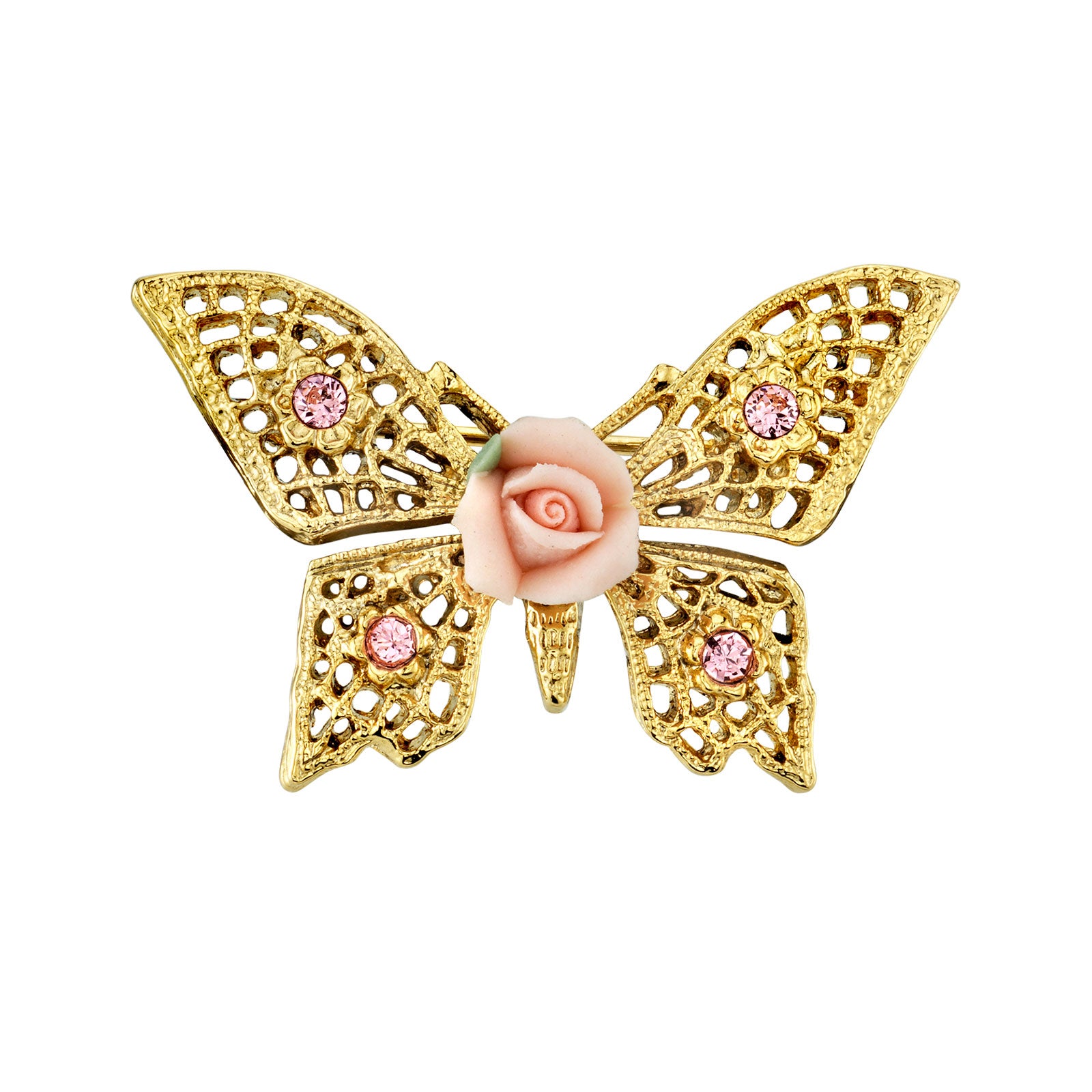 Premium 1928 Jewelry® Gold-Tone Pink Crystal & Porcelain Rose Butterfly Brooch