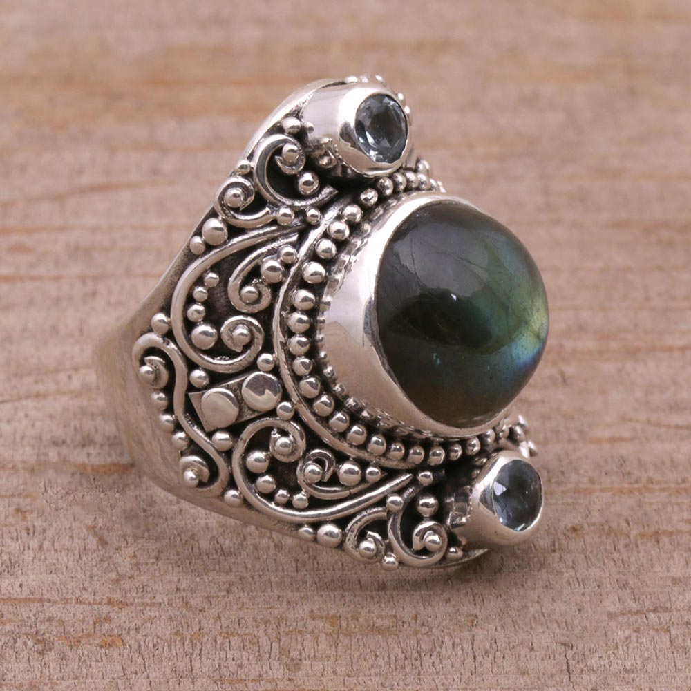 Premium Labradorite & Blue Topaz Cocktail Ring - Handcrafted Sterling Silver Jewelry from Bali