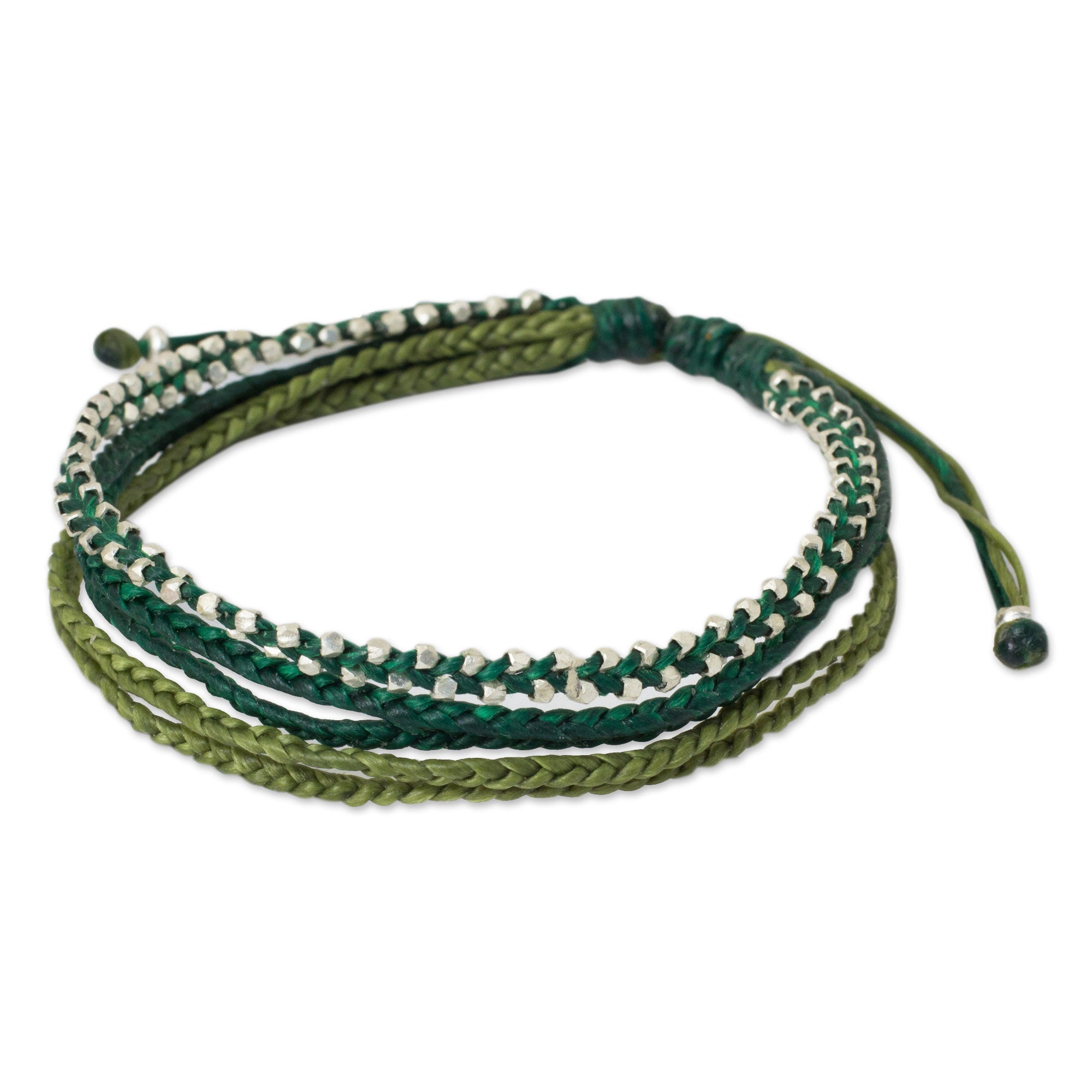 Premium Handcrafted Green Cord Bracelet with 950 Silver Beads