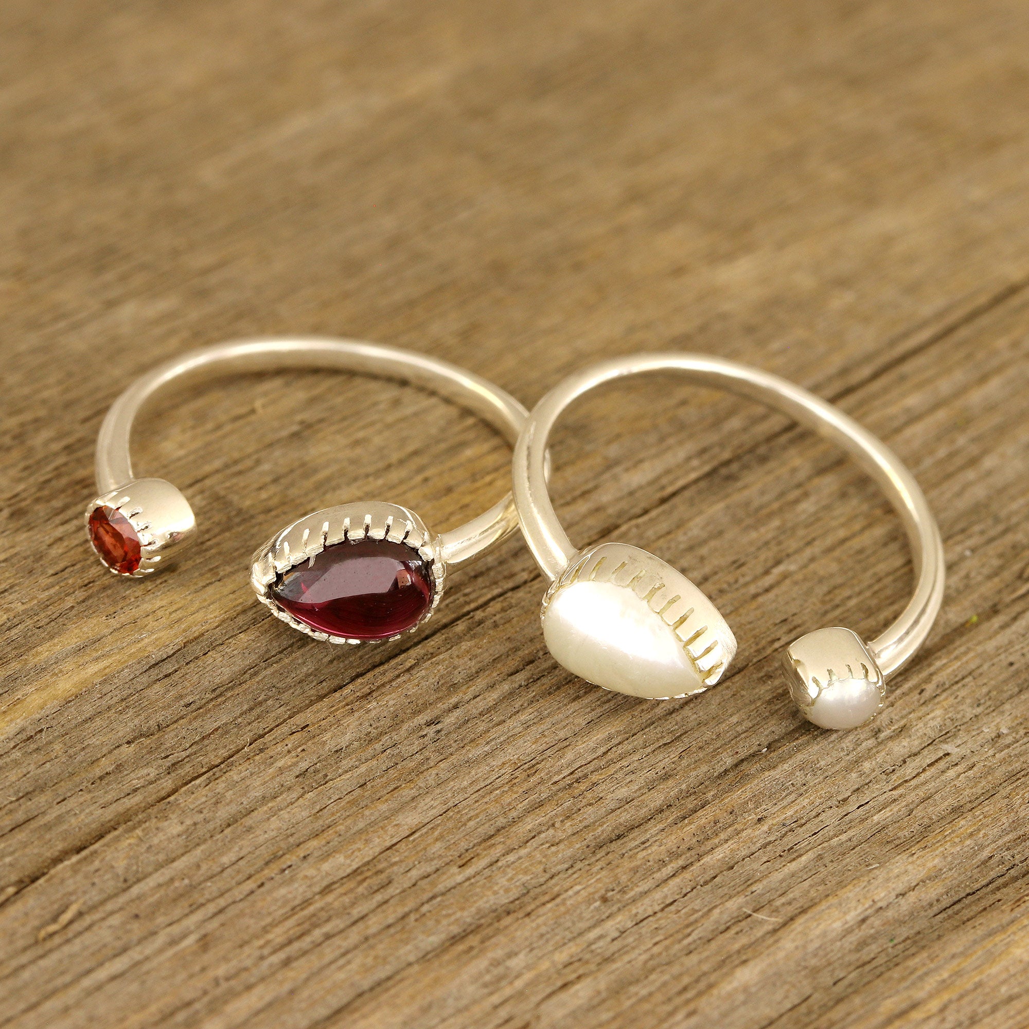 Premium Indian Garnet & Pearl Wrap Rings – Stylish Silver Jewelry (Pair)