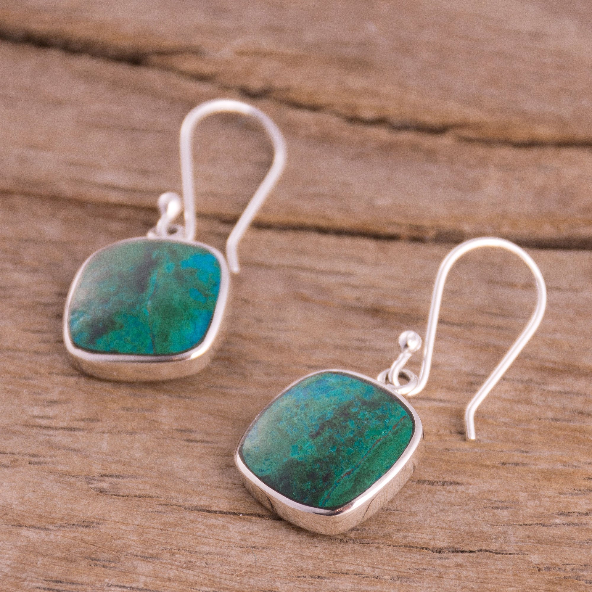 Premium Chrysocolla Silver Dangle Earrings – Handcrafted in Peru