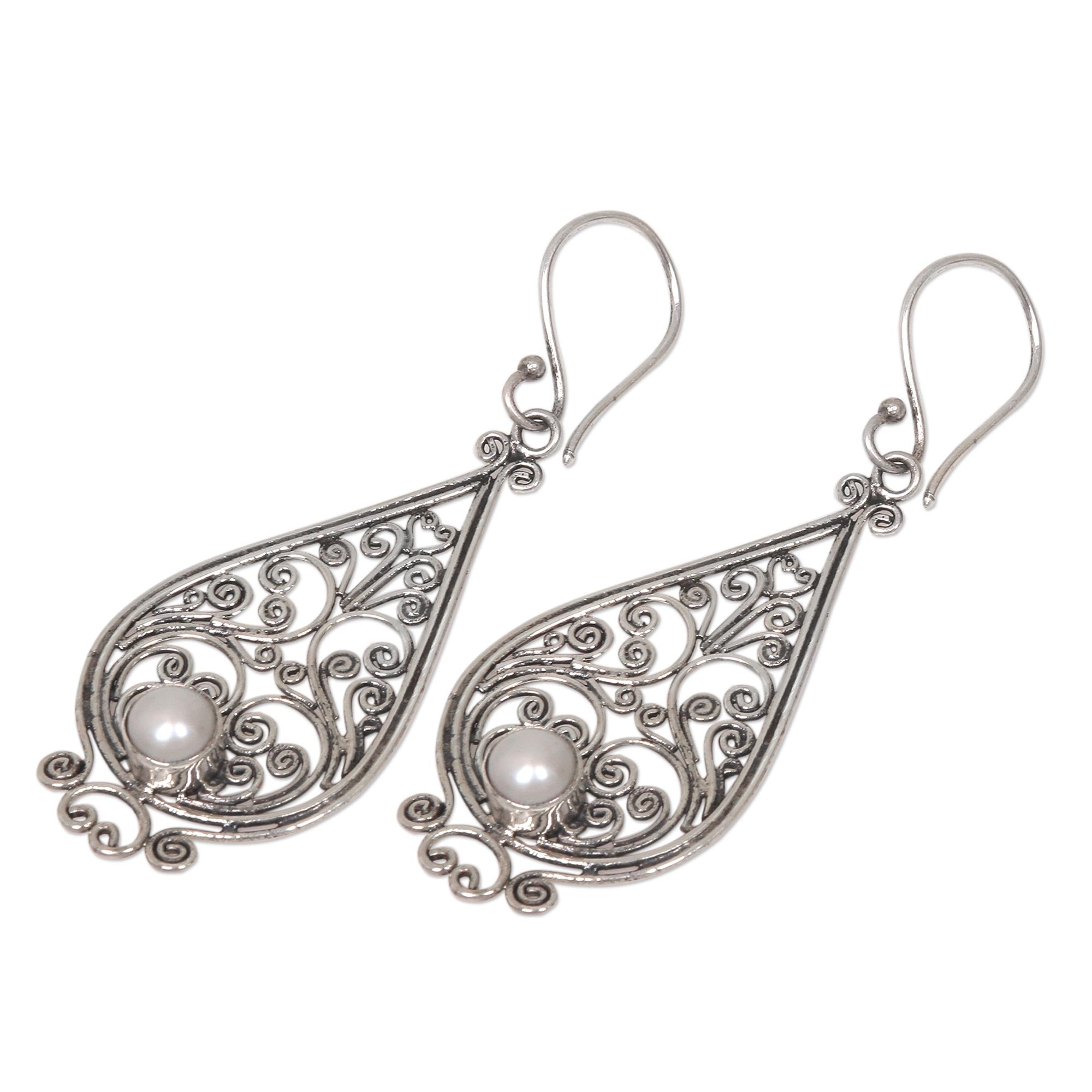 Premium Balinese Silver Filigree Pearl Earrings – Handcrafted Elegance