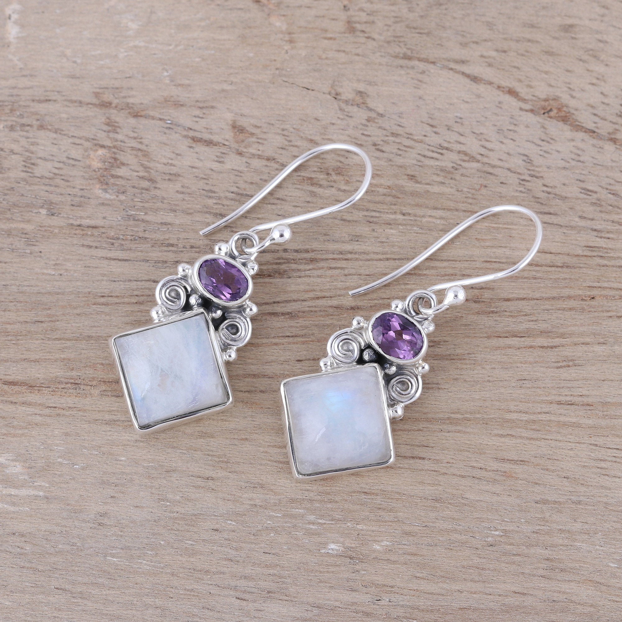 Premium Sterling Silver Rainbow Moonstone & Amethyst Dangle Earrings