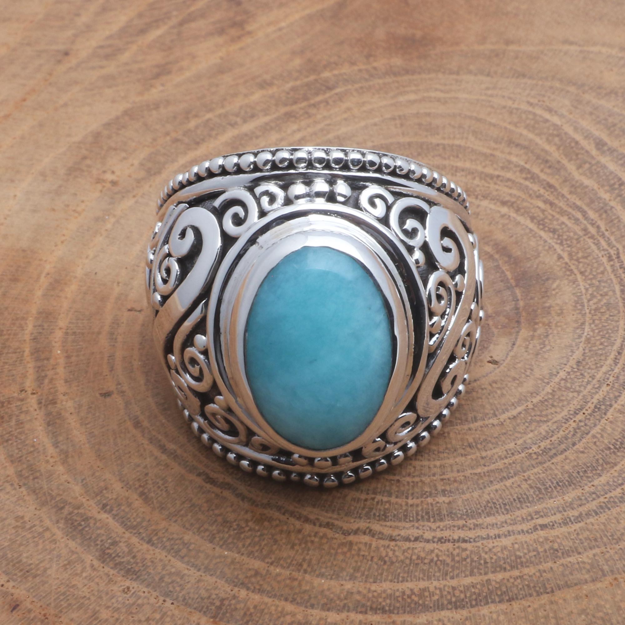 Premium Misty Temple Oval Amazonite Sterling Silver Scroll Cocktail Ring