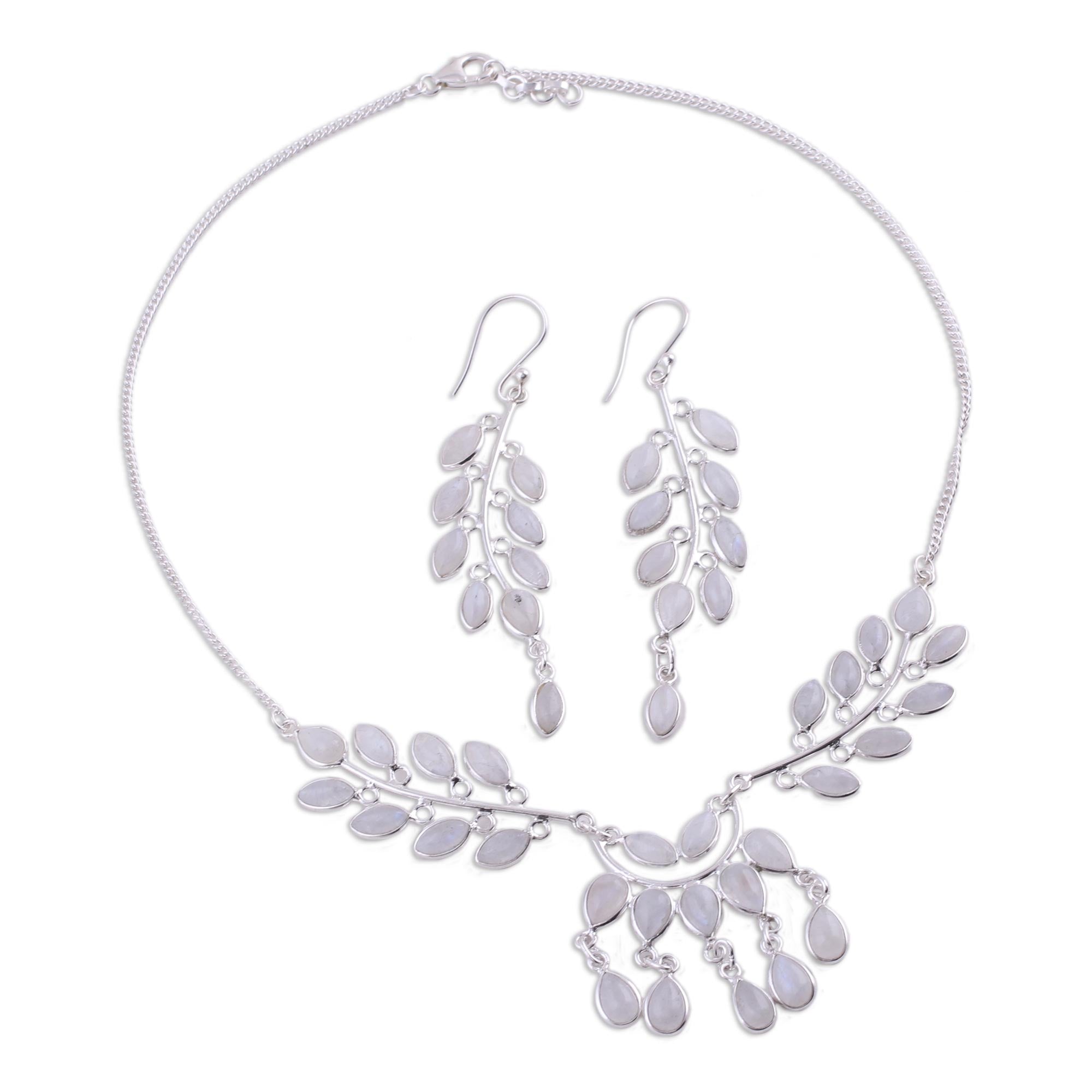 Premium Falling Leaves Rainbow Moonstone Jewelry Set - Sterling Silver Elegance