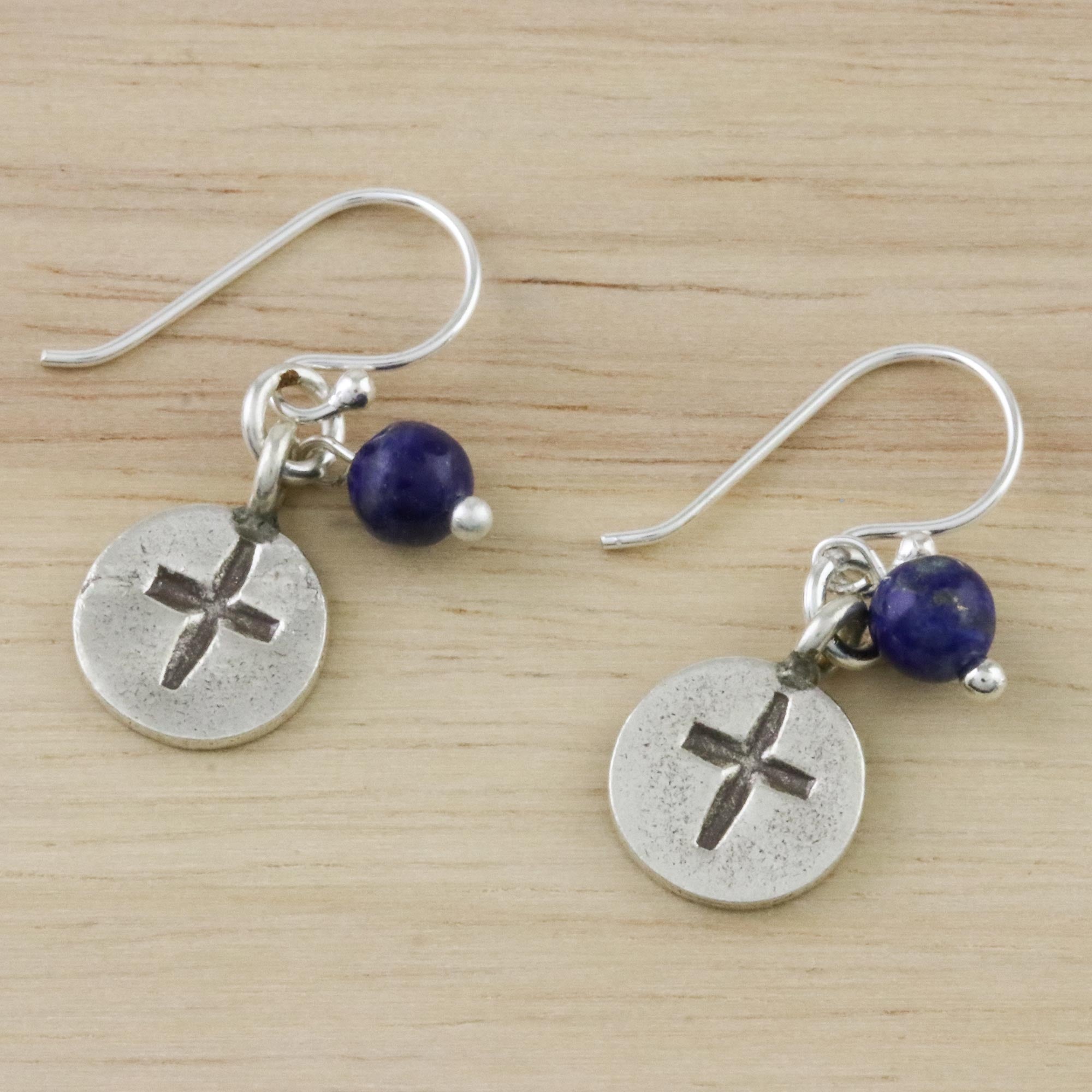 Premium Lapis Lazuli Cross Dangle Earrings - Handcrafted Silver Jewelry from Thailand