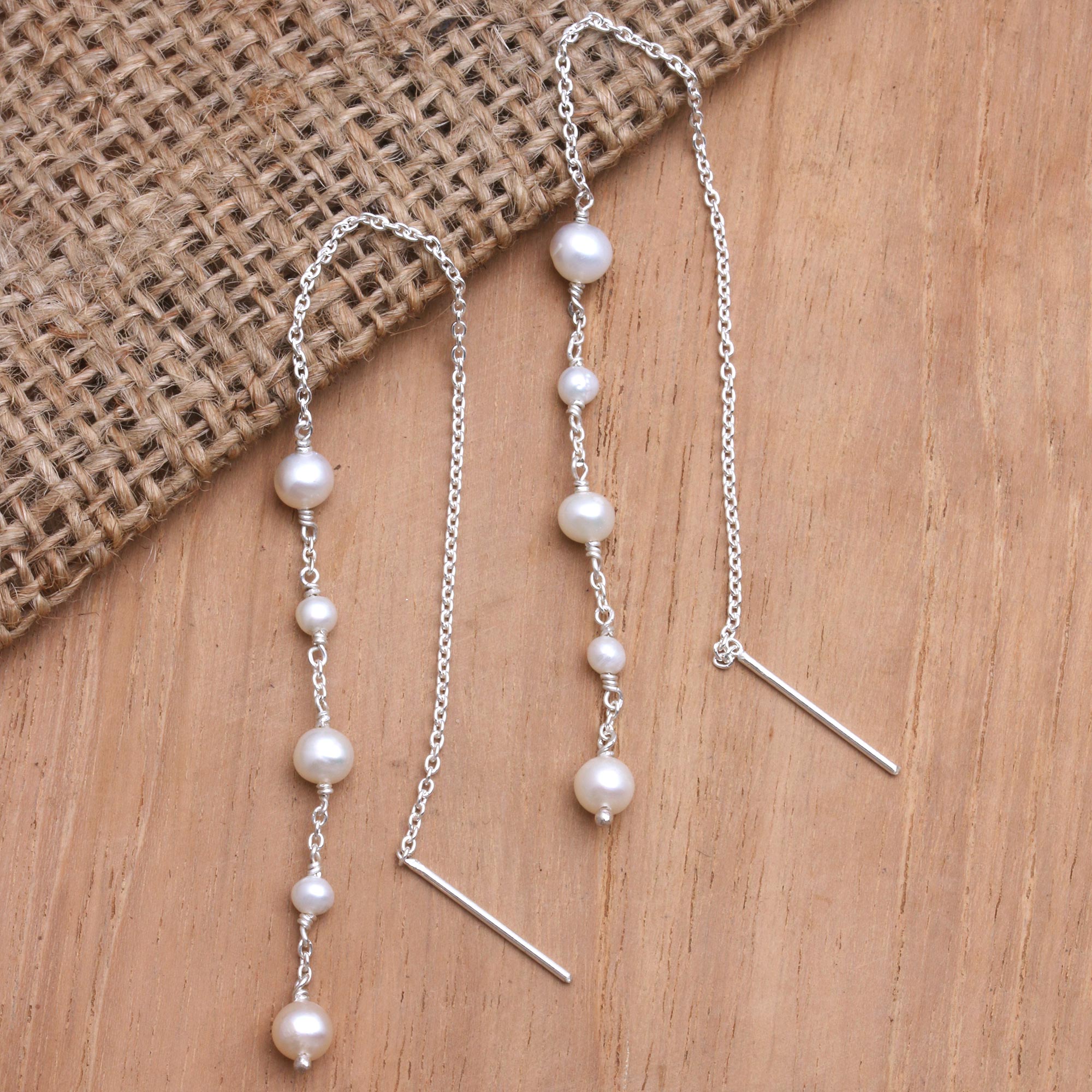 Premium Moonlit Trellis Handmade Pearl Threader Earrings - Bali's Elegance