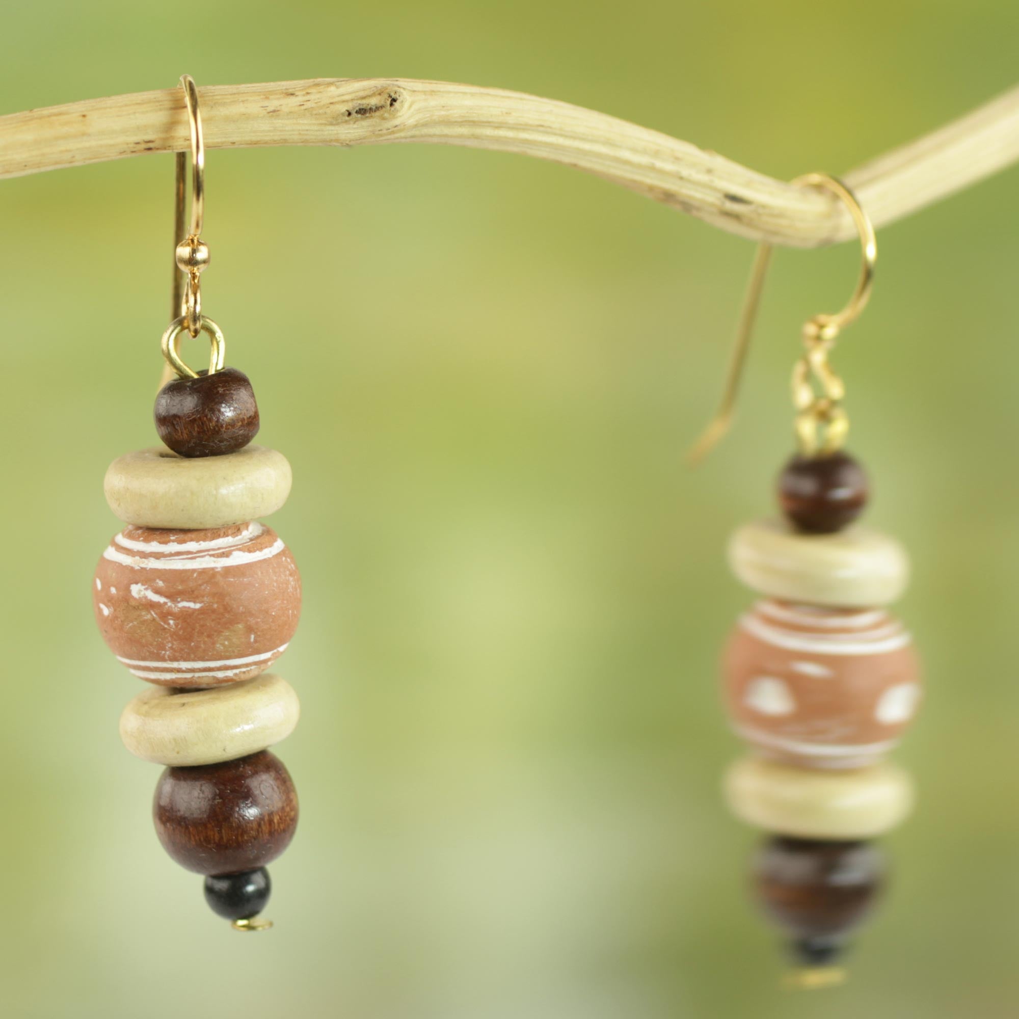 Premium Handcrafted Sese Wood & Ceramic Dangle Earrings from Ghana