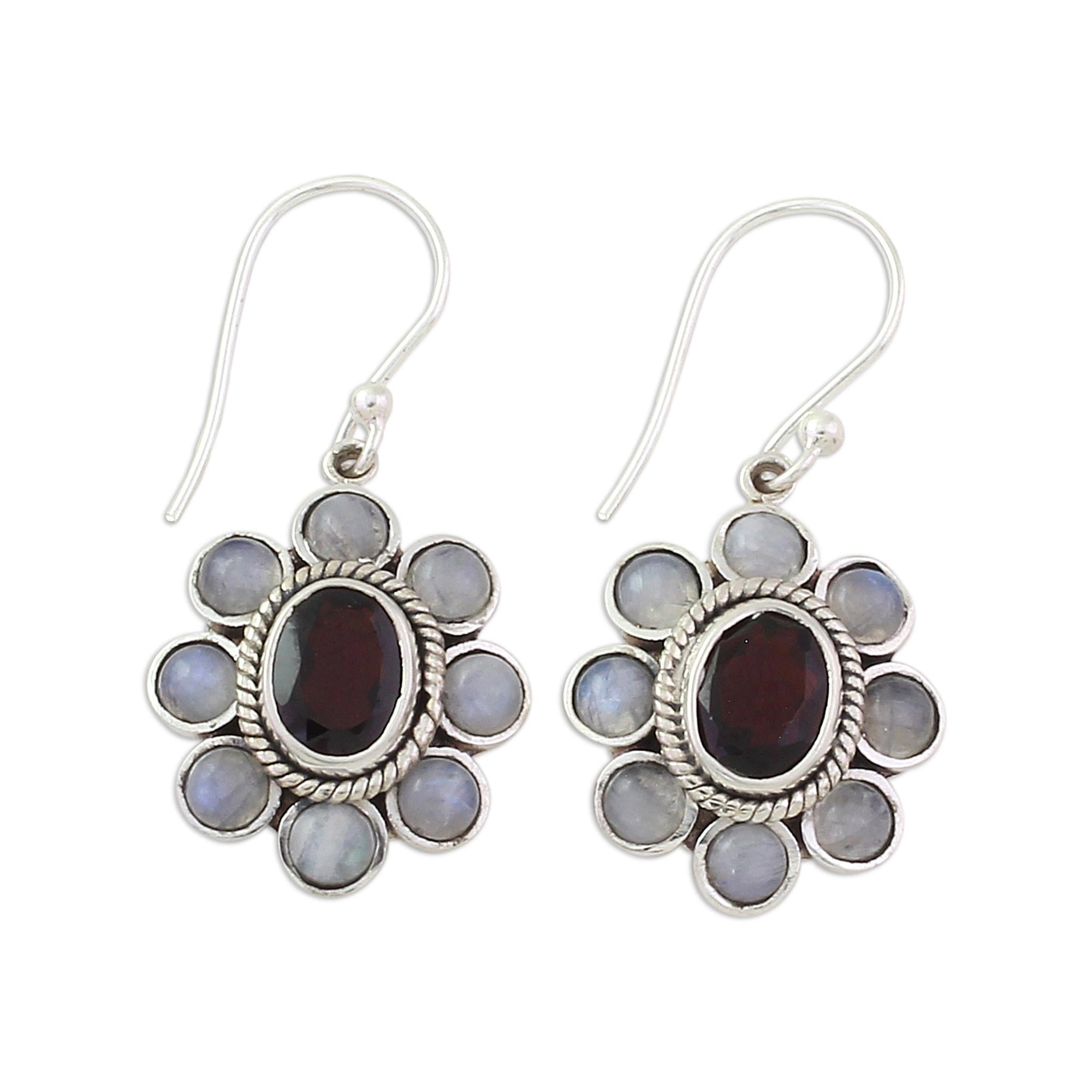 Premium Sterling Silver Dangle Earrings with Rainbow Moonstone & Garnet