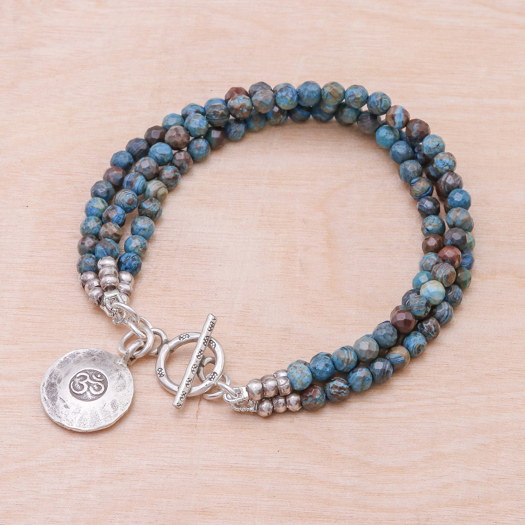 Premium Om Symbol Beaded Bracelet with Blue & Brown Jasper - Handcrafted Silver Charm