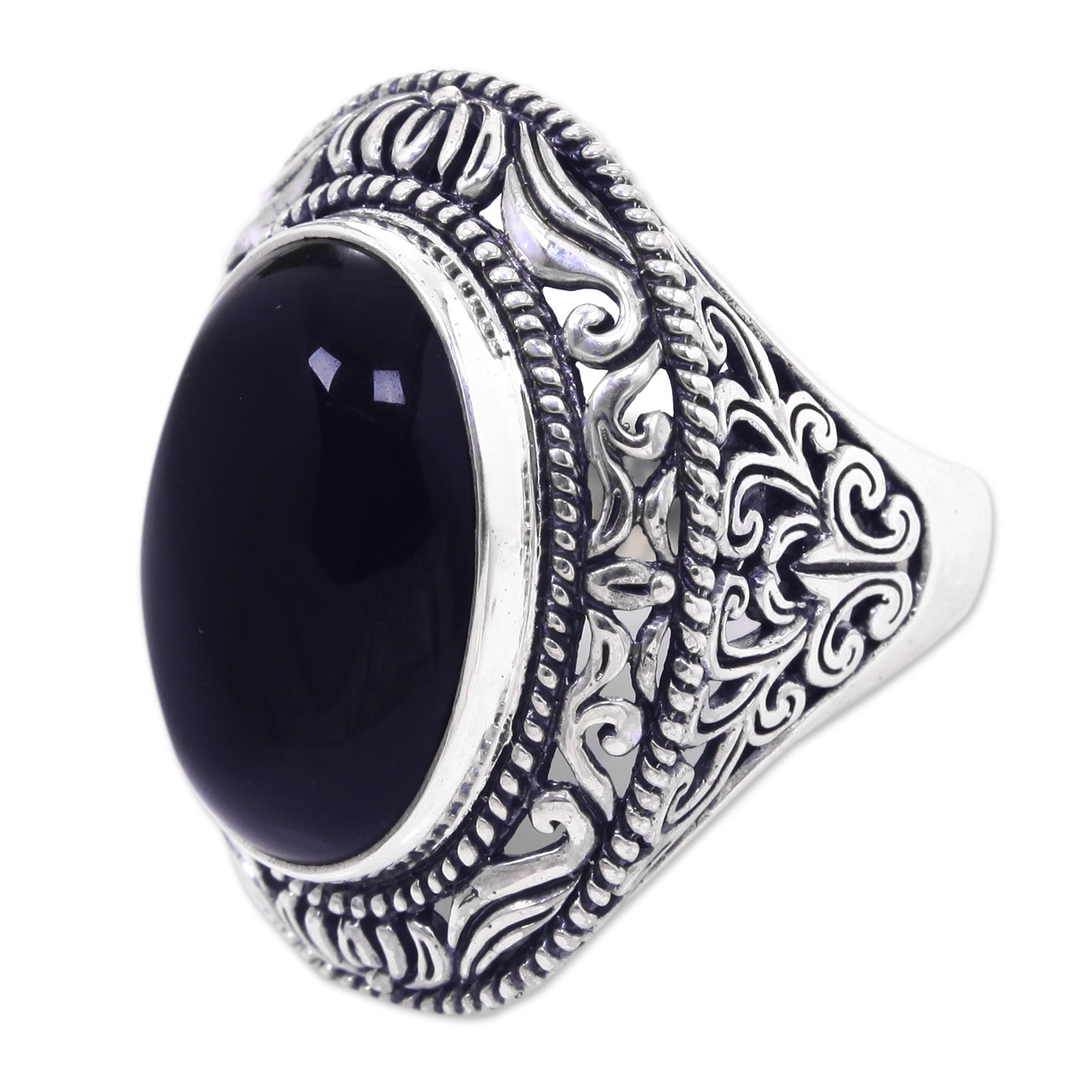 Premium Amed Eclipse Onyx Silver Cocktail Ring - Handcrafted Elegance