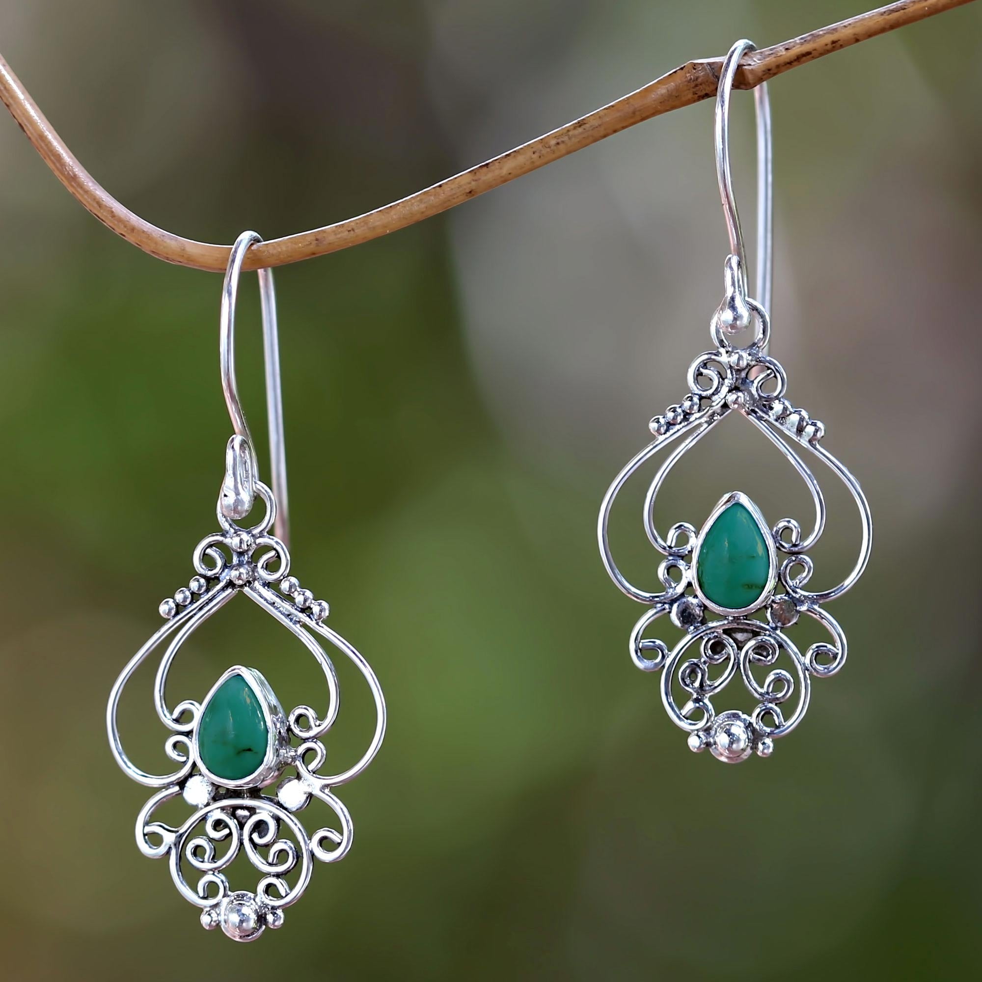 Premium Turquoise Arabesque Silver Dangle Earrings