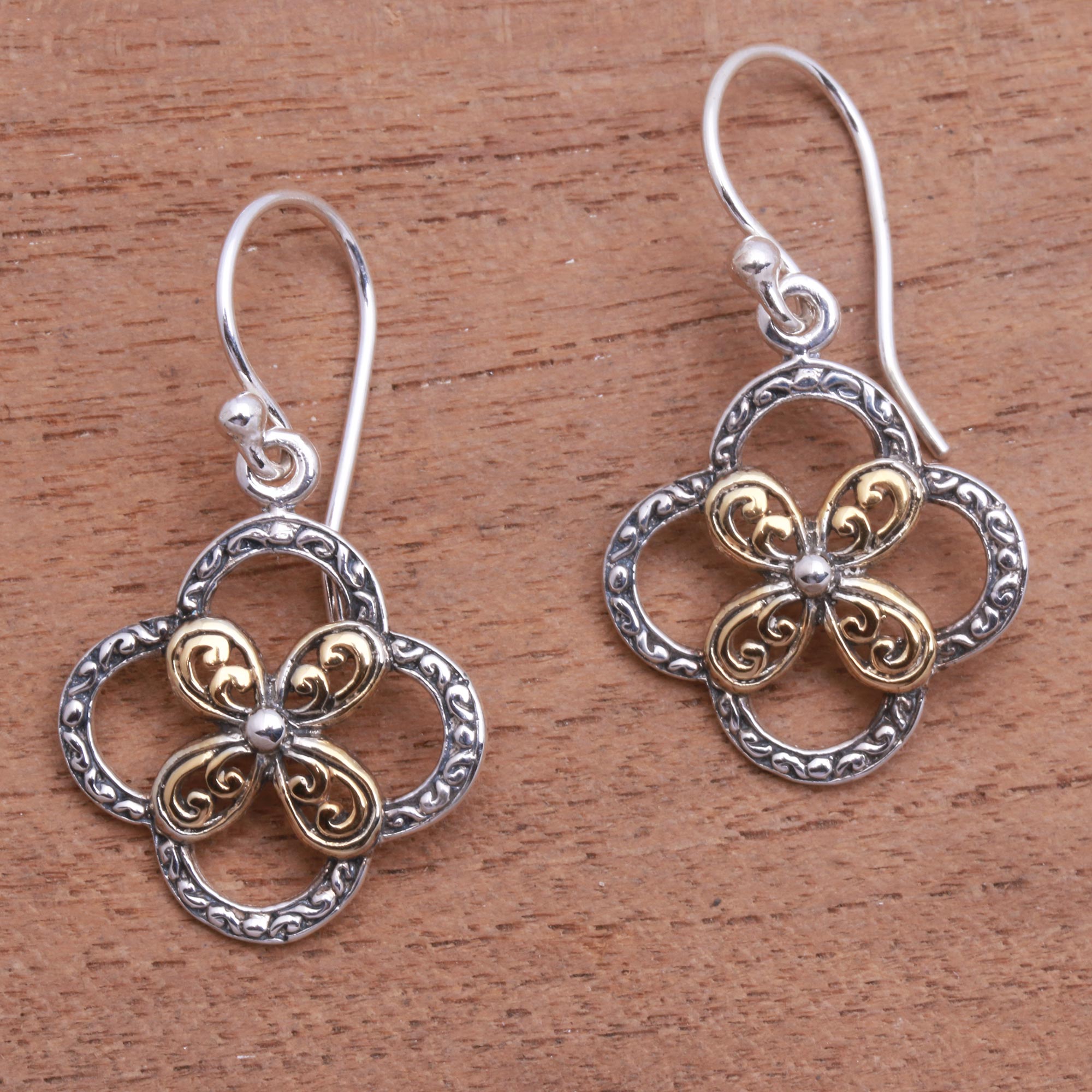 Premium Floral Dangle Earrings - Sterling Silver with 18K Gold Accents