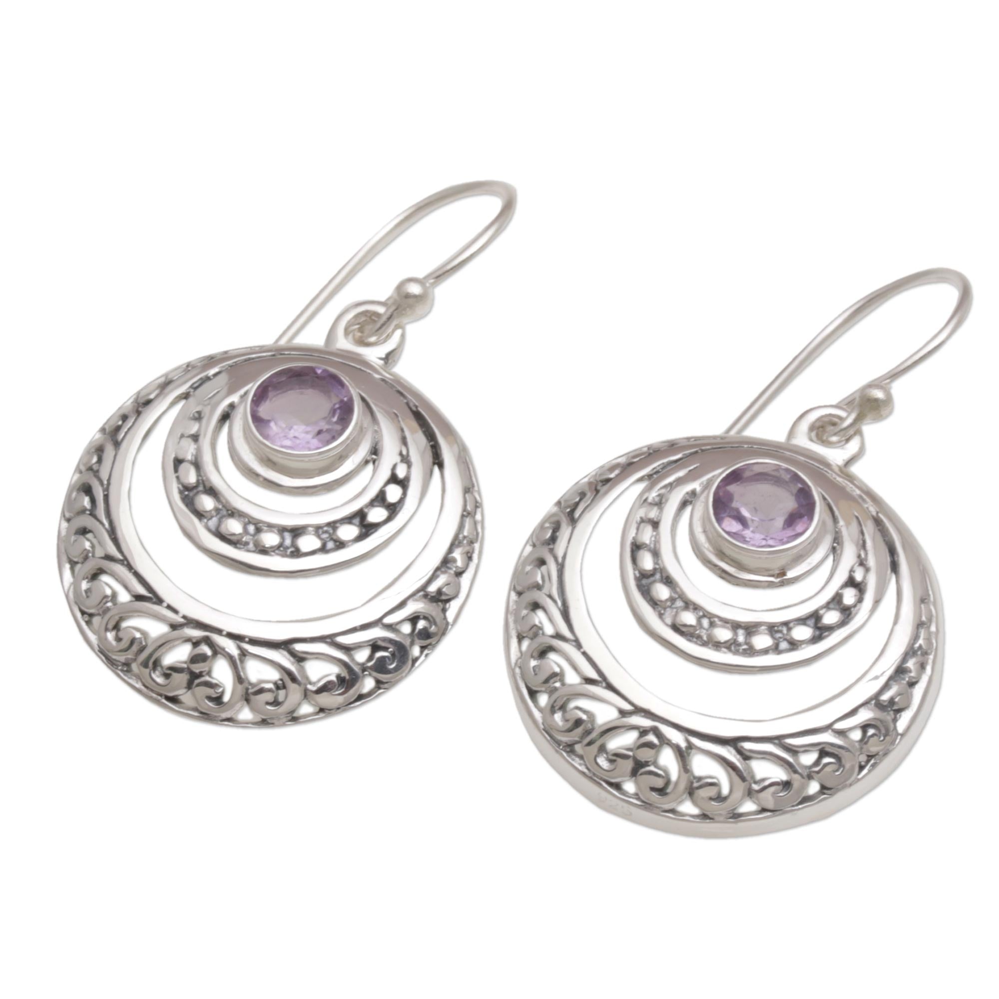 Premium Heavenly Gleam Amethyst Sterling Silver Crescent Earrings - Bali Handcrafted