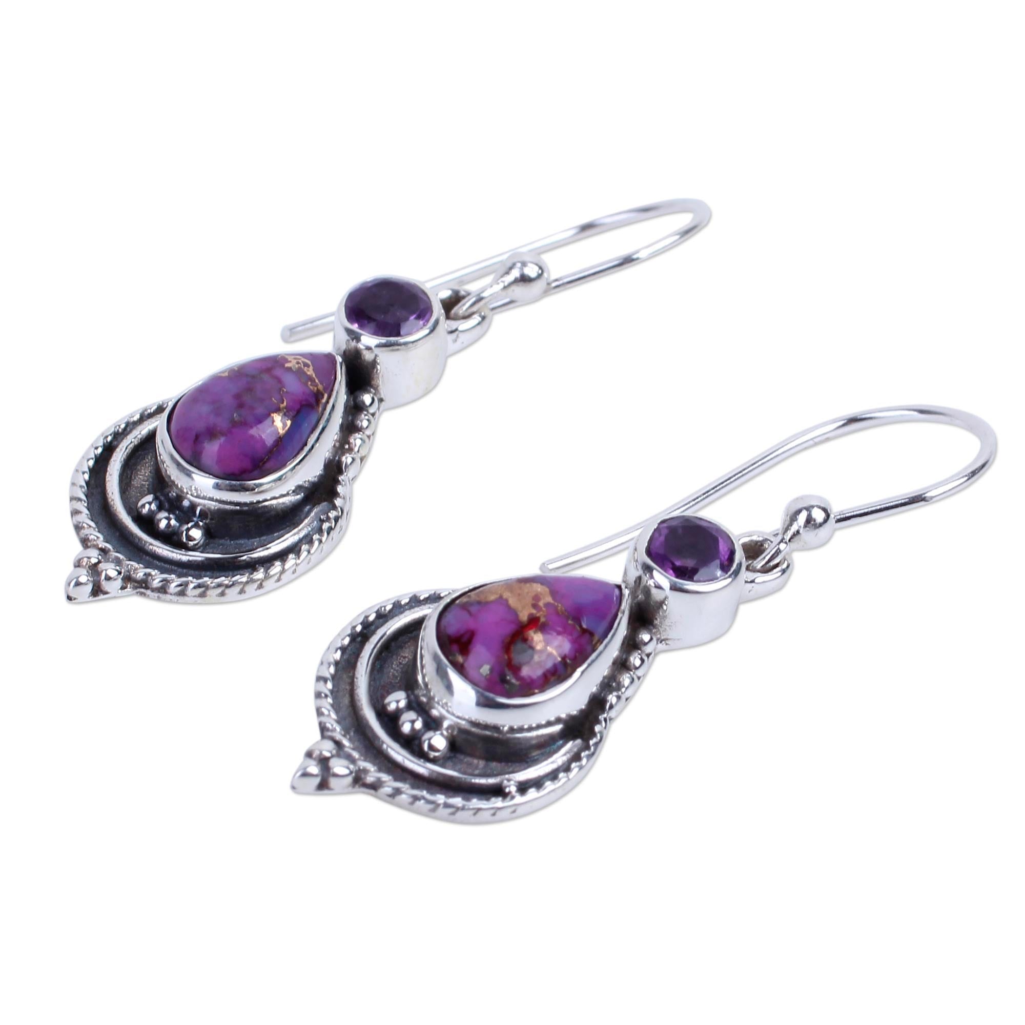 Premium Mughal Lilac Sterling Silver Dangle Earrings - Handcrafted Elegance