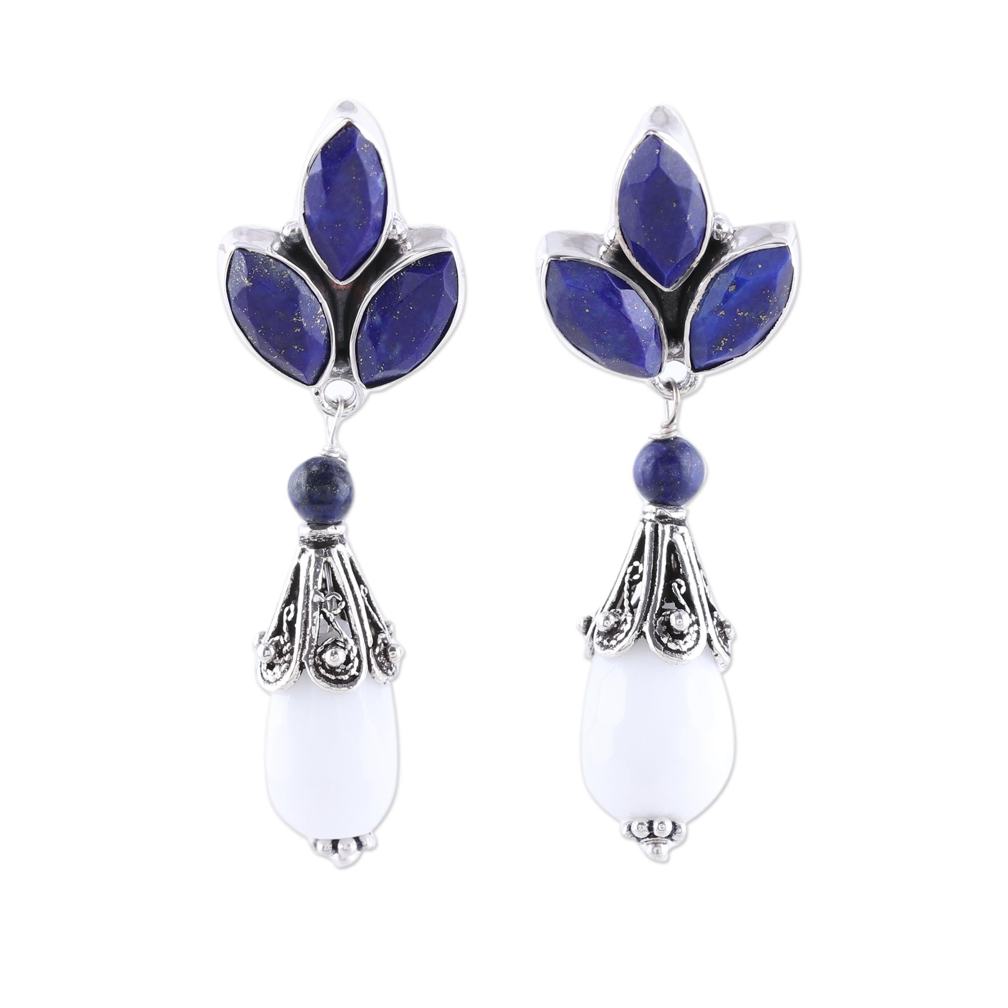 Premium Glowing White Agate & Lapis Lazuli Dangle Earrings - Handcrafted in India