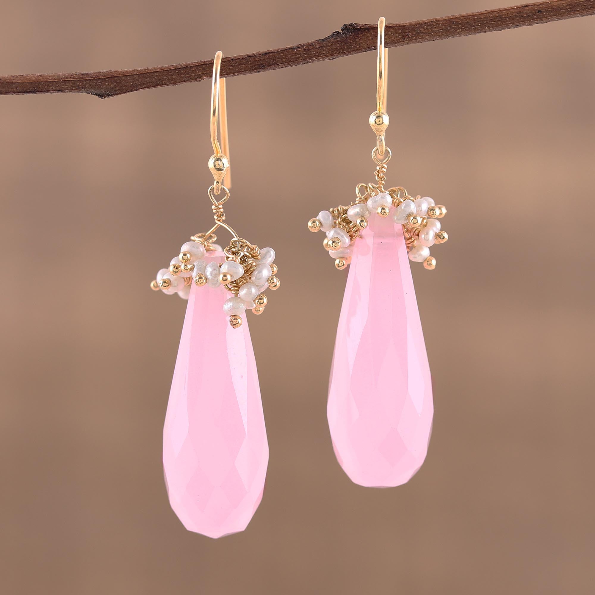 Premium Devoted Rose 22k Gold Plated Rose Quartz & Cultured Pearl Dangle Earrings