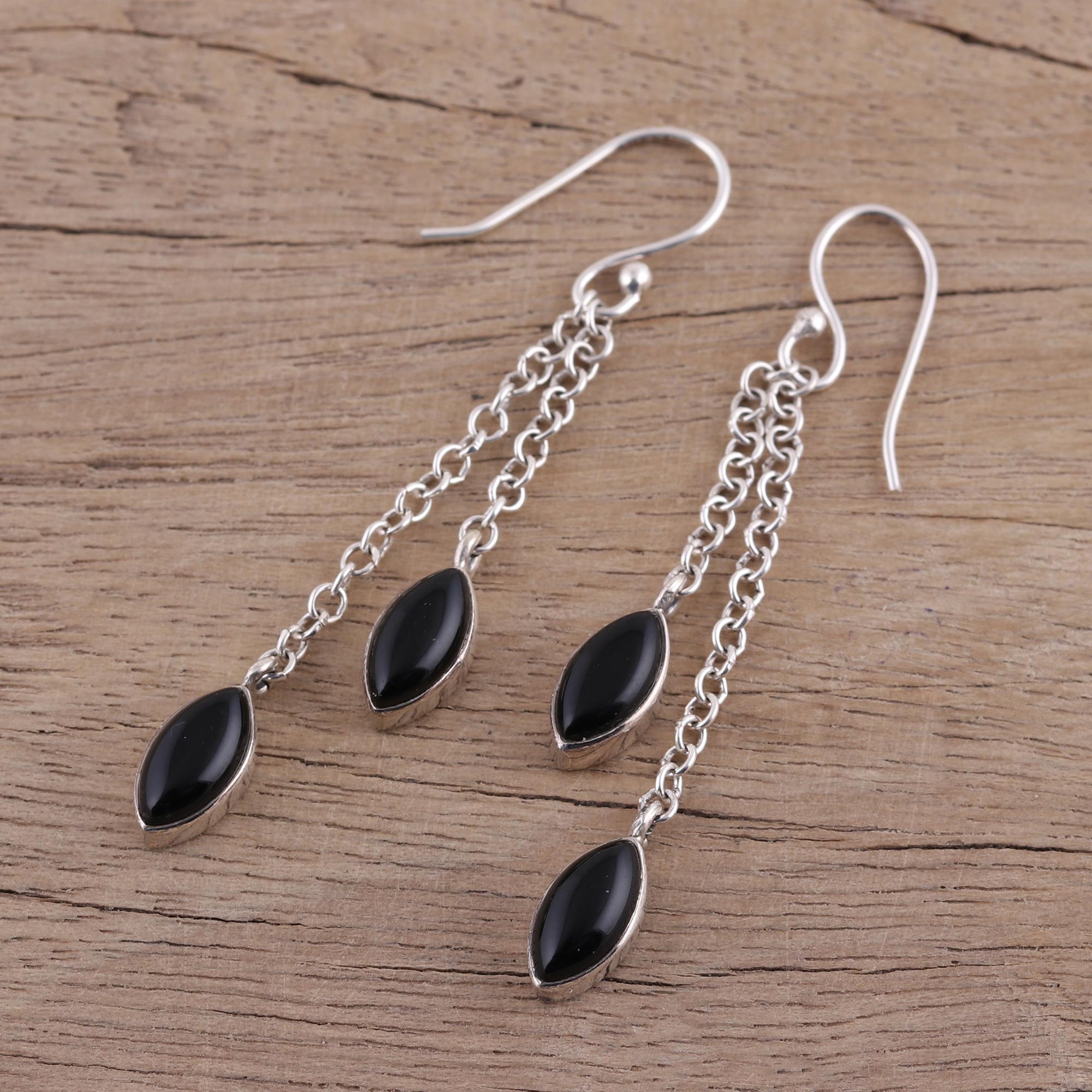 Premium Midnight Onyx and Sterling Silver Dangle Earrings - Handcrafted in India