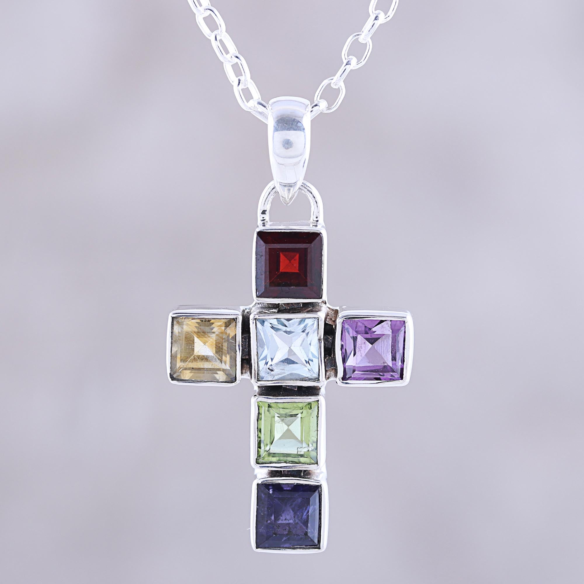 Premium Multi-Gemstone Cross Pendant Necklace - Handcrafted Sterling Silver