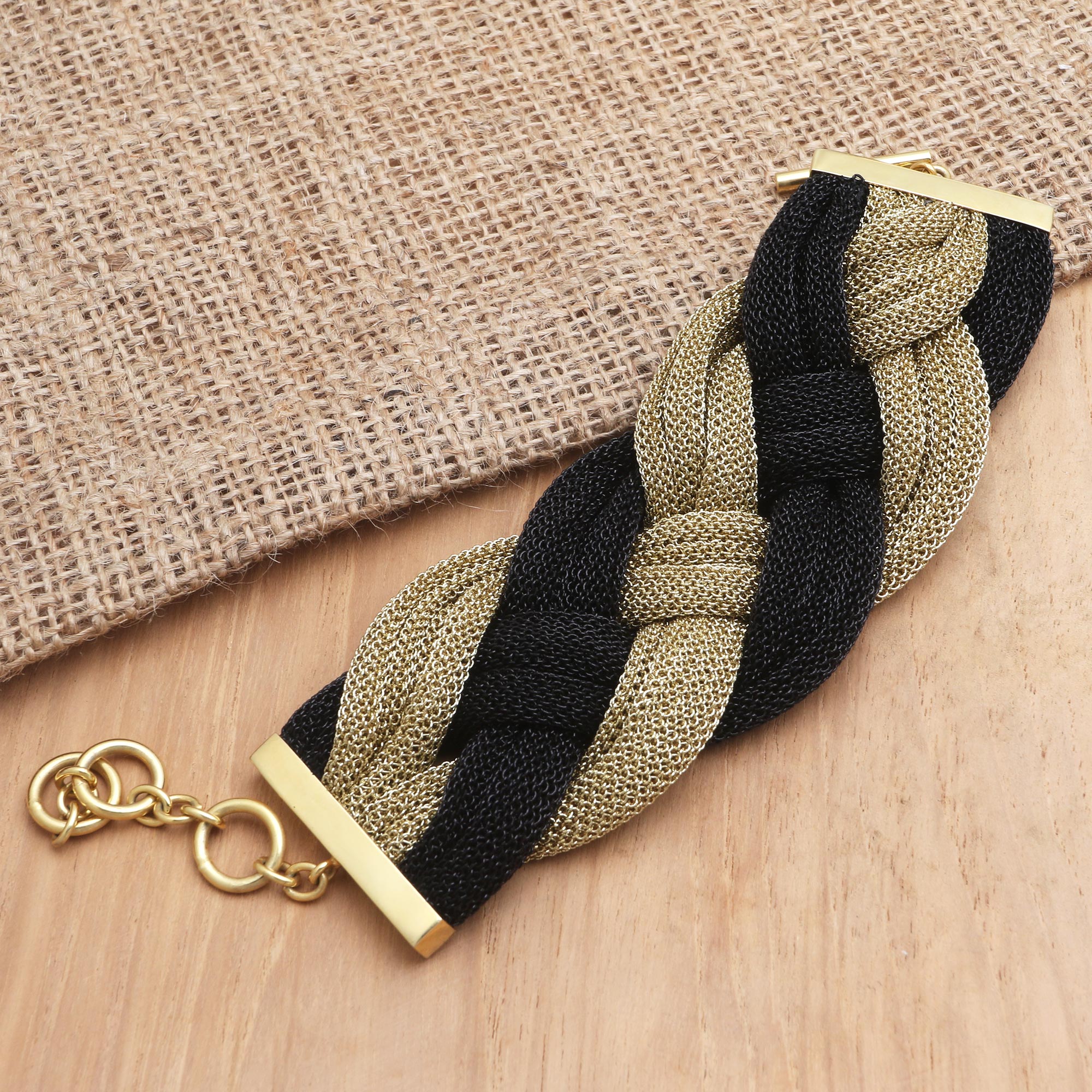 Premium Braided Union Black & Gold Mesh Woven Bracelet