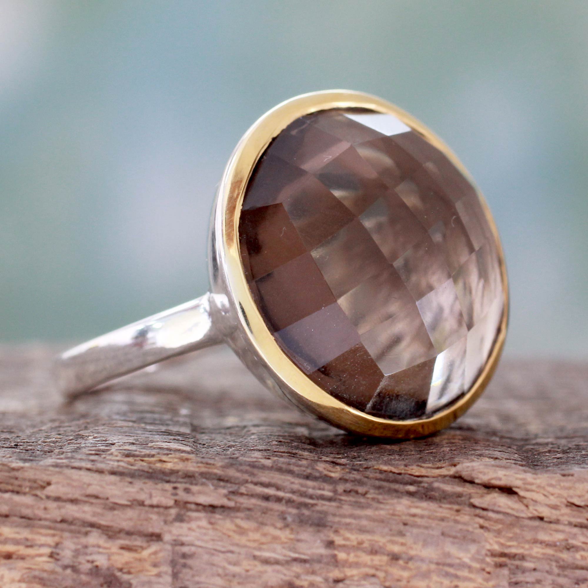 Ultimate Elegance Smoky Quartz Cocktail Ring - Sterling Silver & 18k Gold Accent