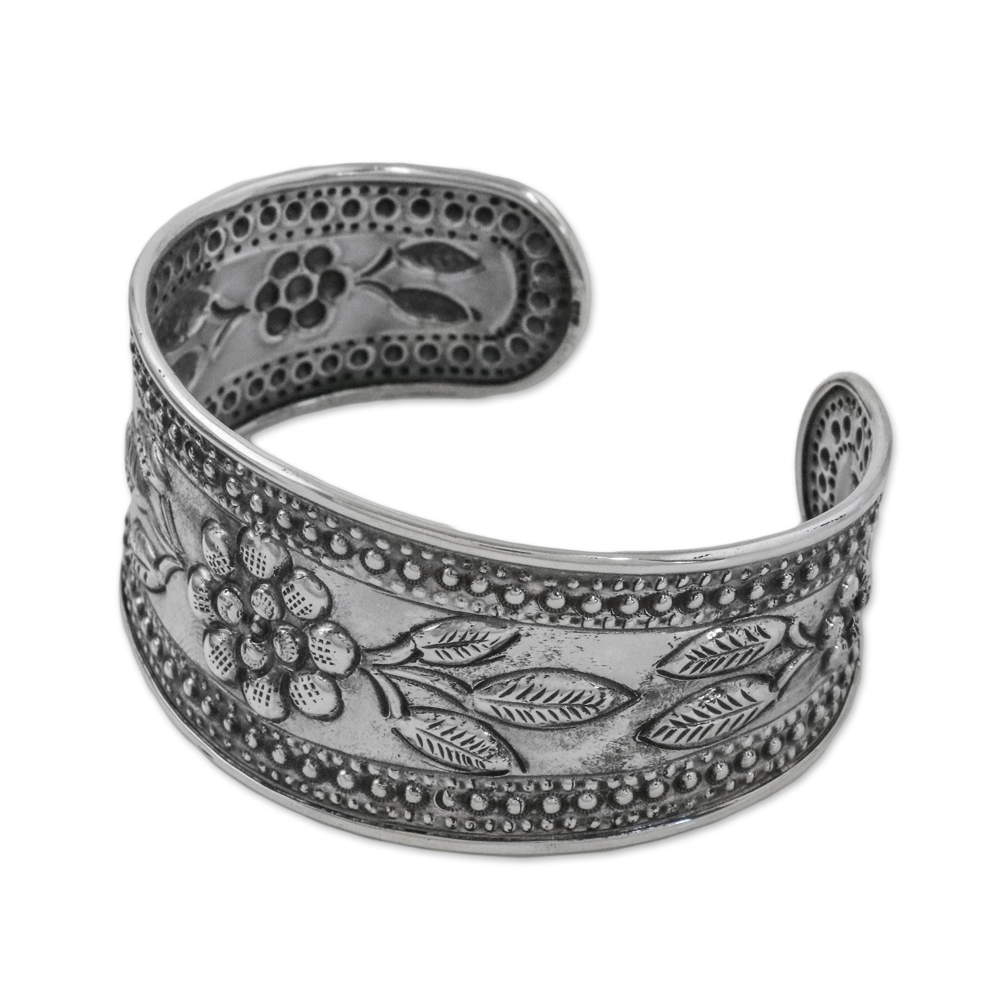 Premium Thai Sterling Silver Floral Cuff Bracelet - Handcrafted Elegance