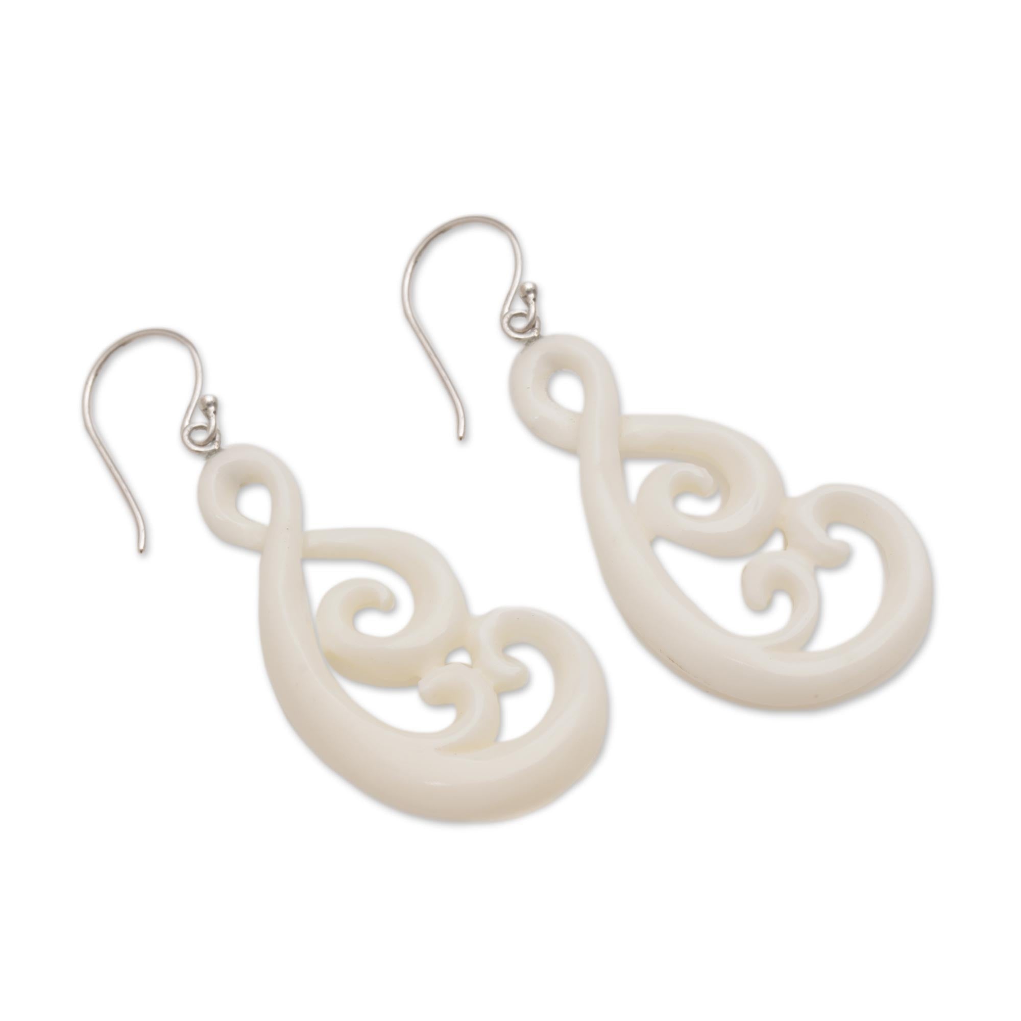 Premium Handcrafted Swirly Vines Bone Dangle Earrings from Bali