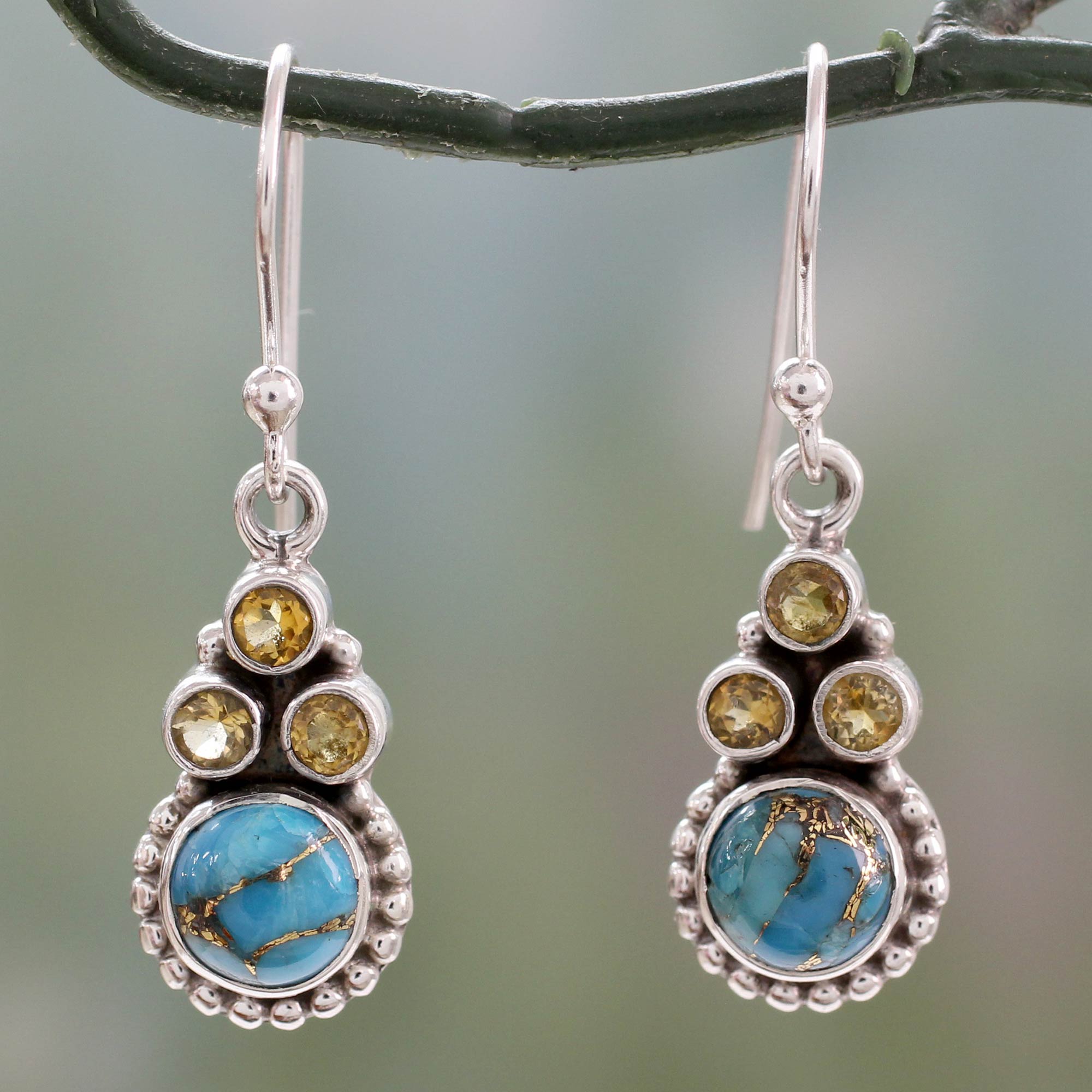 Premium Petite Flowers Indian Sterling Silver Earrings with Citrine and Turquoise – Handcrafted Elegance