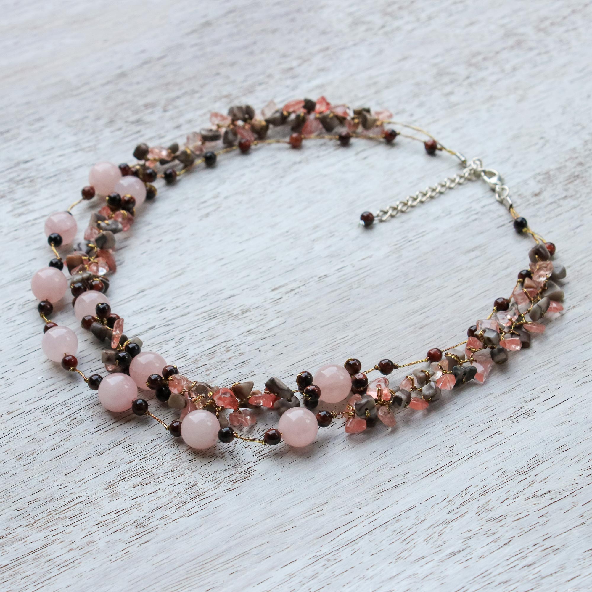 Premium Multi-Gemstone Rose Quartz Beaded Necklace – Magical Inspiration from Thailand