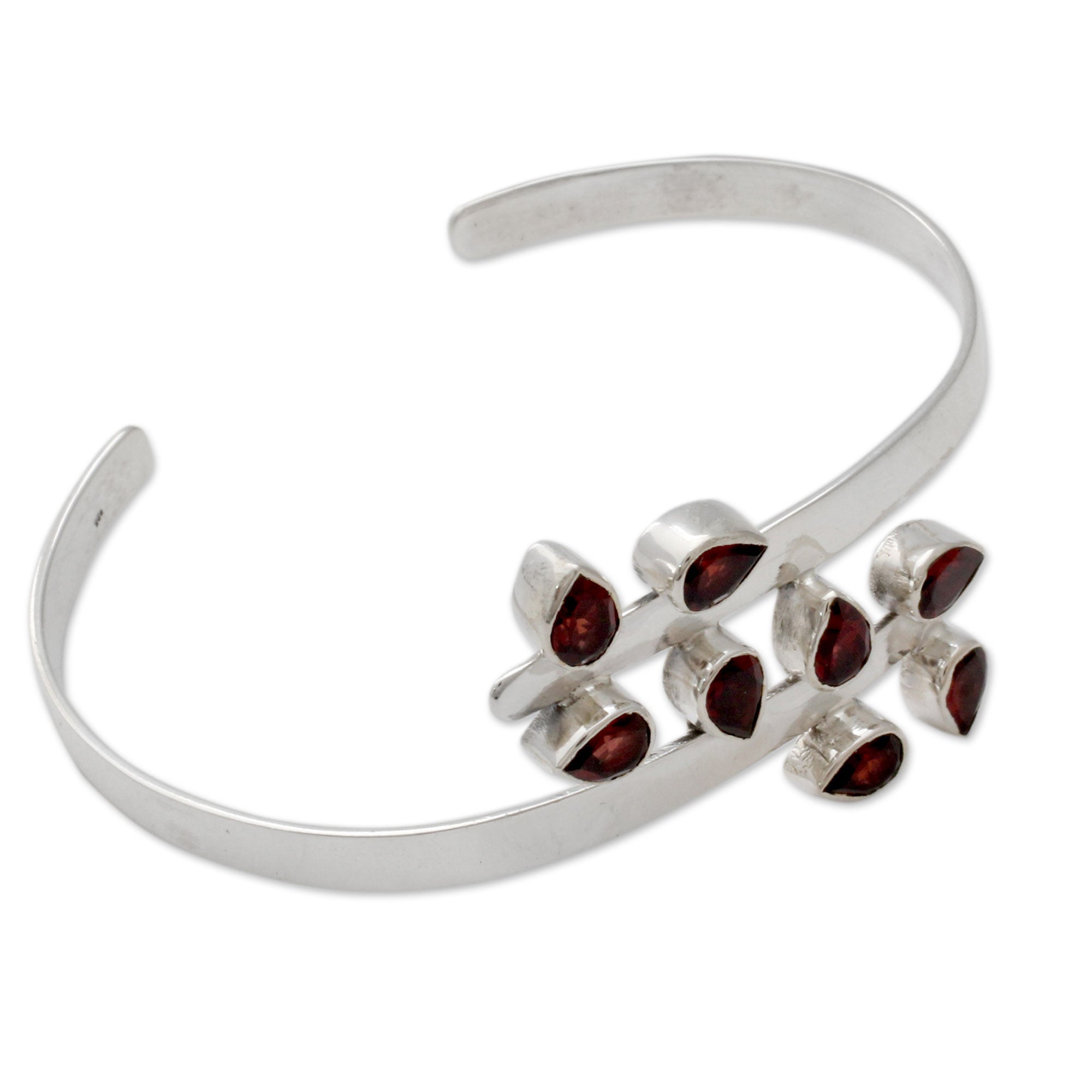 Premium Red Forest Fern Garnet & Silver Cuff Bracelet - Handmade Elegance